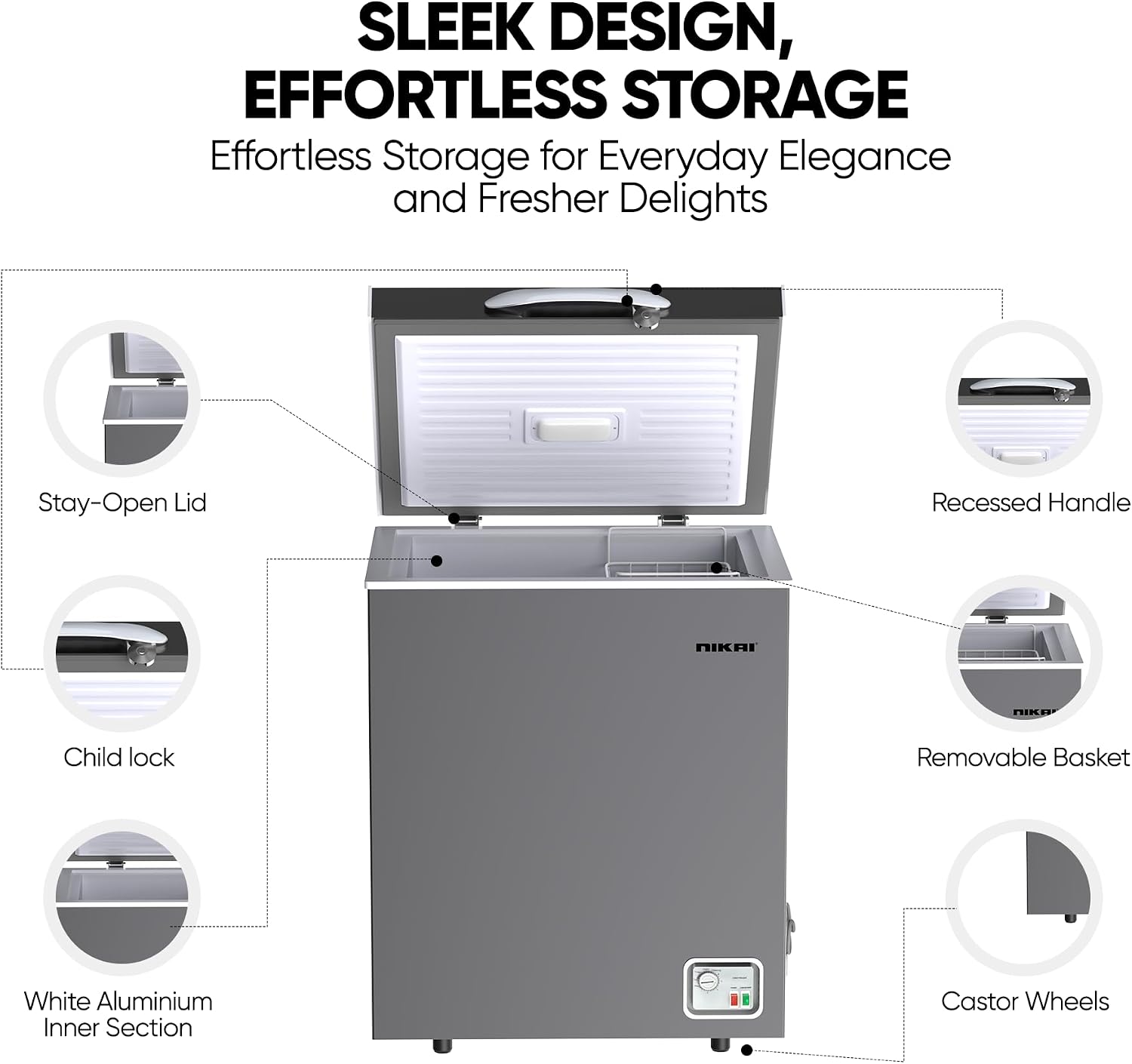 Nikai 200L Gross/138L Net, Single Door Chest Freezer with Storage Basket, High Energy Efficiency Cooling System, Adjustable Temperature, Silent Operation, For Home & Restaurants - NCF200N7S Silver