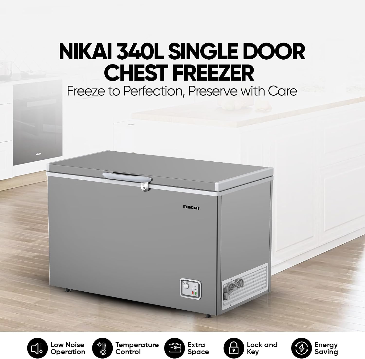 Nikai 340L Gross/300L Net, Single Door Chest Freezer with Storage Basket, High Energy Efficiency Cooling System, Adjustable Temperature, Silent Operation, For Home & Restaurants - NCF340N7S Silver