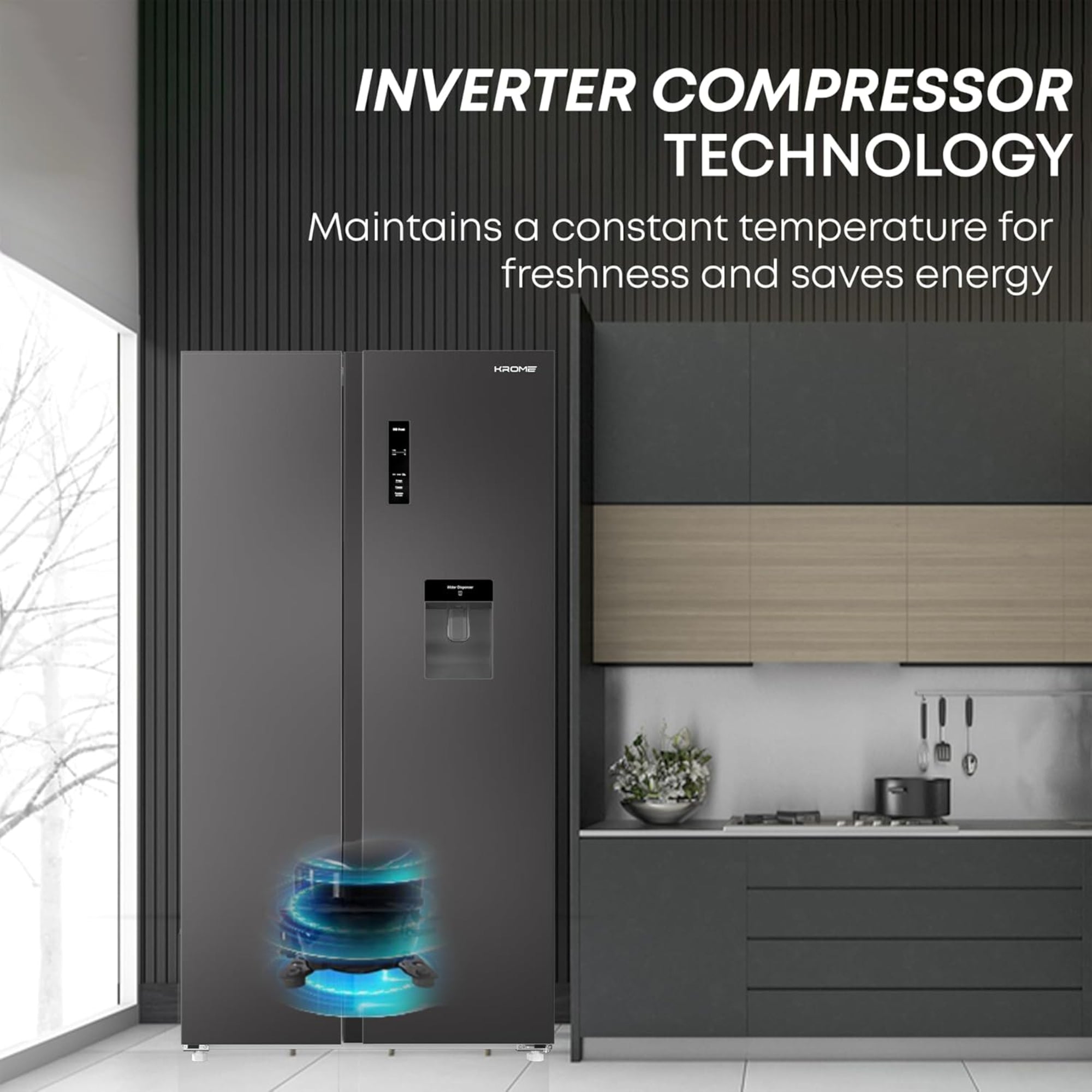 Krome Side-by-Side Refrigerator 700L – Inverter Compressor No Frost Water Dispenser KR-SBS 700WIM (Black / Inox)