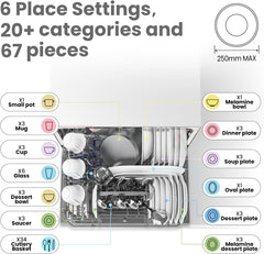 COMFEE' Dishwasher 6 Places with 7 Programe Super Quiet Rapid Wash ECO 70 C°Hygiene Wash, Flexible Installation Wi-Fi Function APP Control- White