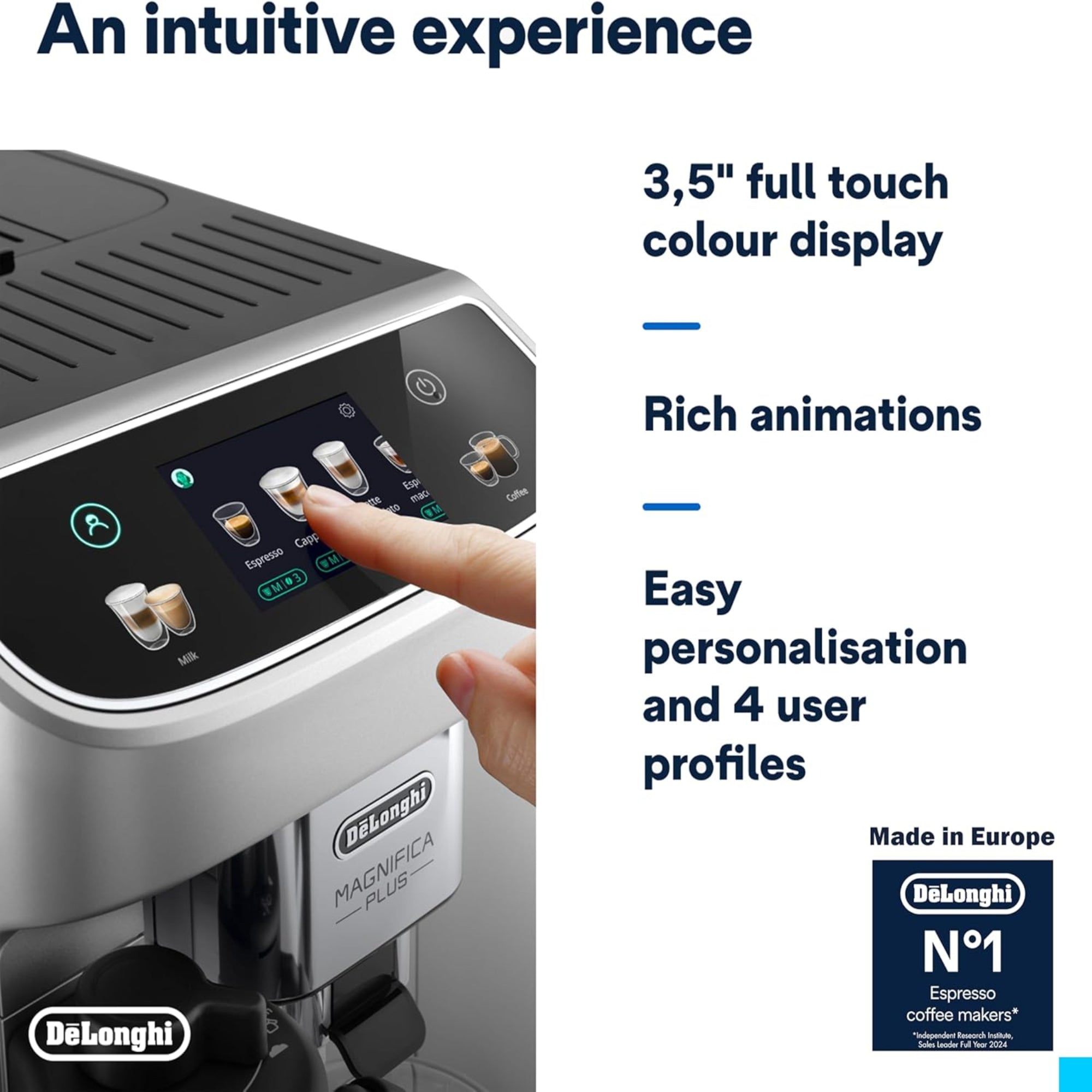 De'Longhi Magnifica Plus Fully Automatic Espresso Machine 24+ Hot & Iced Beverages LatteCrema Color Touch Display 13 Grinder Settings Twin Shot ECAM322.70.SB
