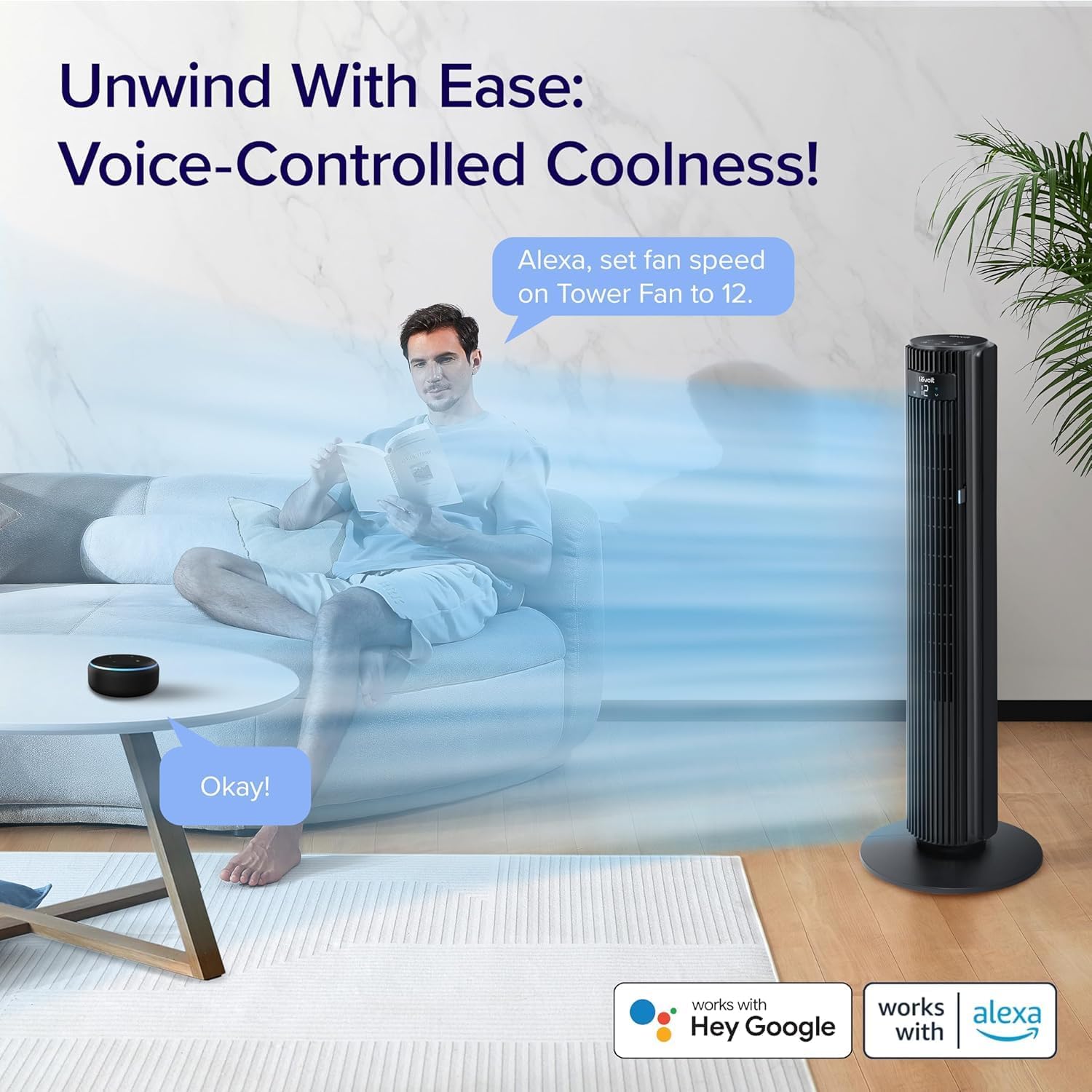 LEVOIT Smart Control 25dB Silent Tower Fan 42Inch, 7.9m/s Powerful Electric Coolness Fan for Bedroom, DC Motor, 90° Oscillating and 60° Up and Down, Voice Control 4 Modes 12 Speeds 【2-Years Warranty】