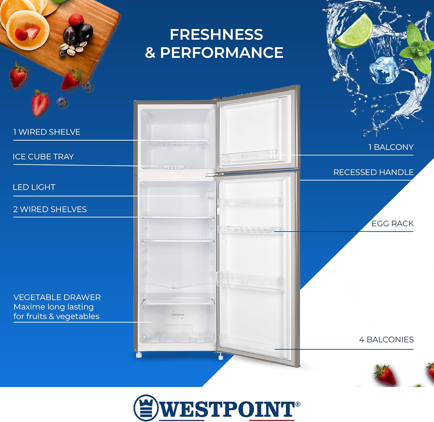 Westpoint 240 Liters Gross Double Door Refrigerator-Freezer, DEFROST, 4 Door Balconies, Egg Rack, Ice Cube Tray, Built in Condenser, 52Dx51.9Wx148H Centimeter Silver WRN-2423EI (NEW MODEL)