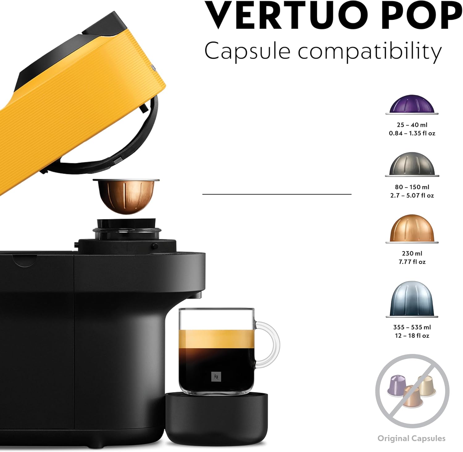 Nespresso Vertuo Pop Coffee Machine by Nespresso - Vibrant Mango Yellow Design, Automatic Capsule System, UAE Version
