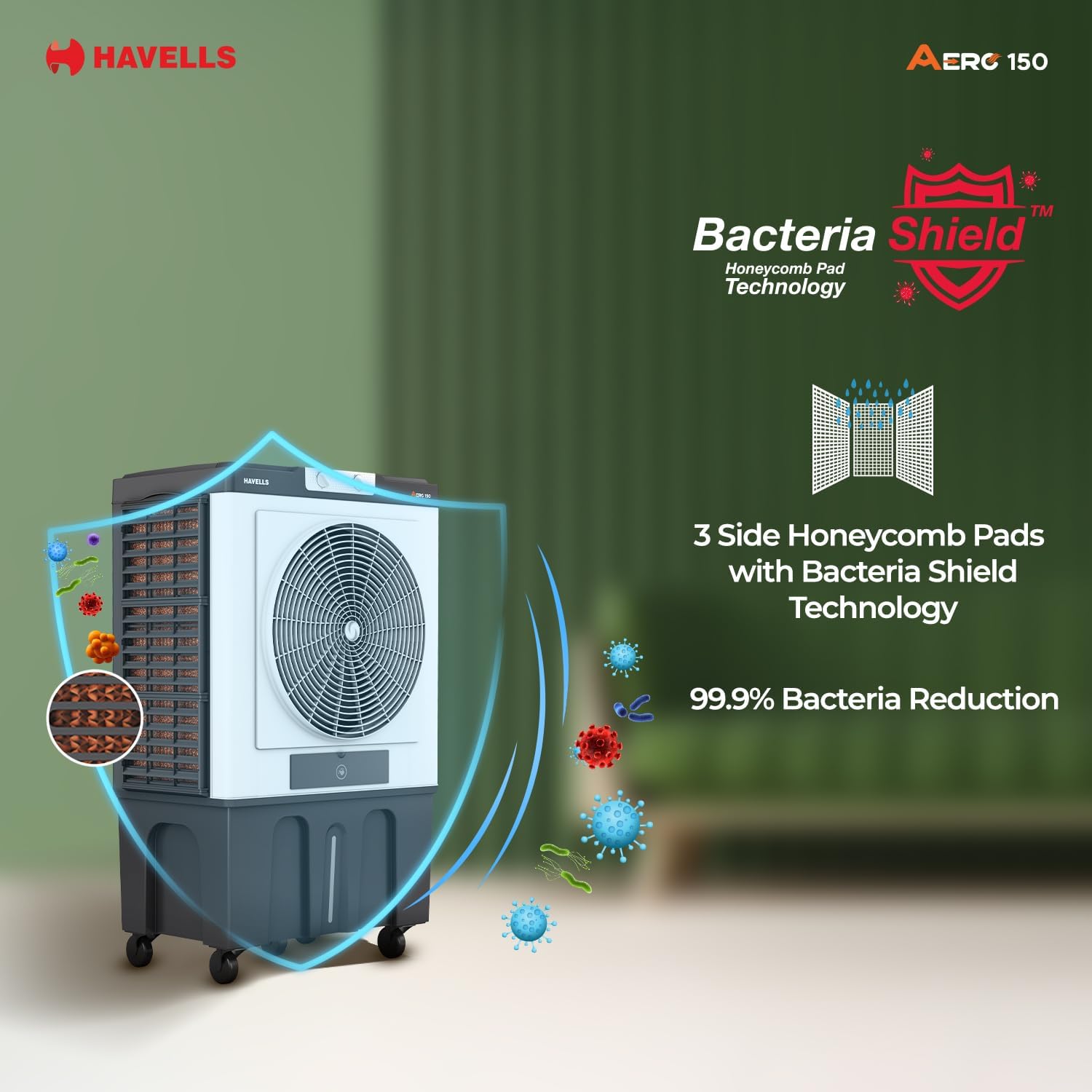 Havells Aero 150 Commercial Air Cooler – 12000m³/h Air Delivery, 4 Leaf Metal Blade Fan, Inverter Compatible, Bacteria Shield Honeycomb Pads, Auto-Fill Technology