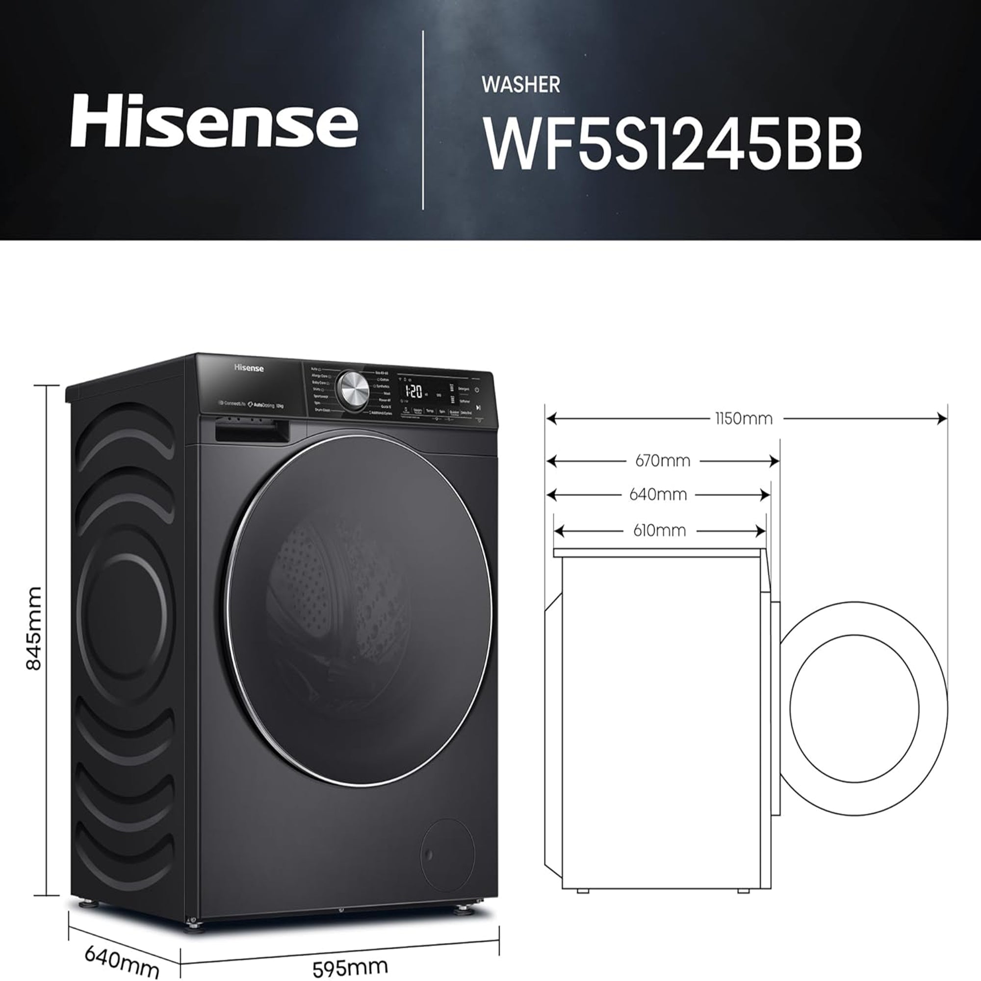 Hisense 5S Series Front Load Washing Machine 12kg 1400RPM Auto Dose WiFi WF5S1245BB Black