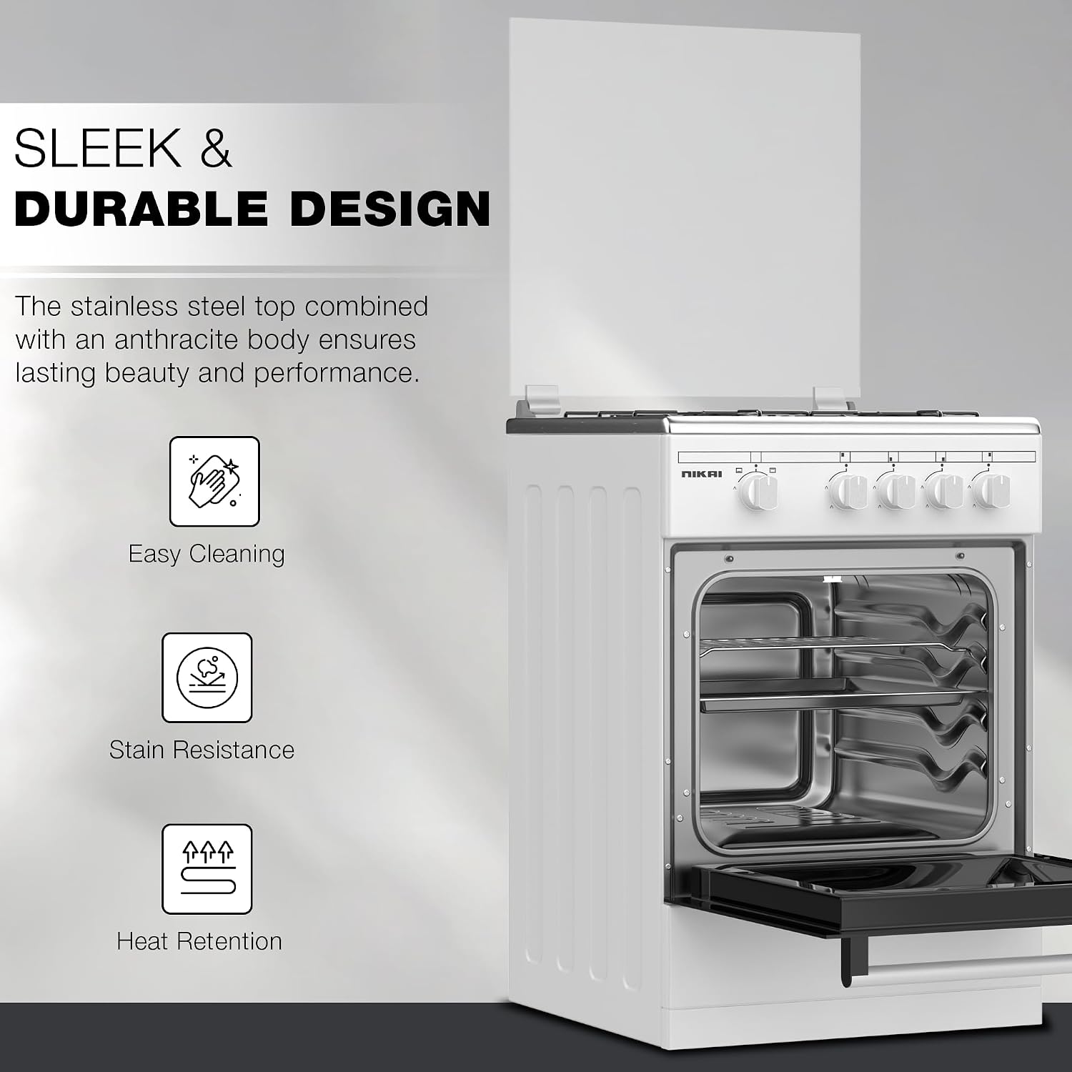 Nikai 50x50cm 4 Burner Freestanding Gas Cooker, Grill Function with Tray & Grid, Glass Lid, Enamel Pan Support Convenient for Cleaning Made in Turkey - U2110N5FS (White)