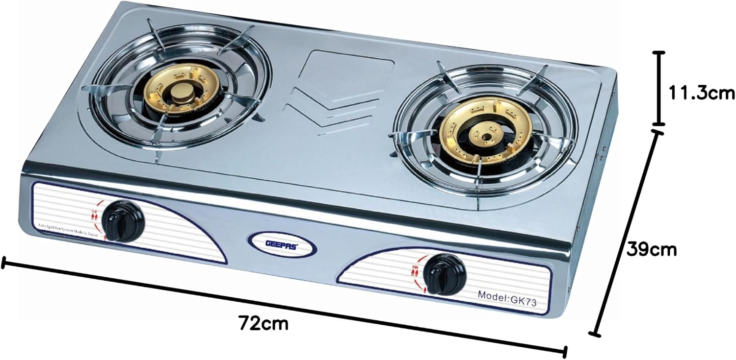 Geepas GK73 Stainless Steel Gas Stove Burner - 2 Burner Hob, Auto Ignition, Robust Build, High fuel-efficiency, Anti-Skid Feet, Easy to Clean