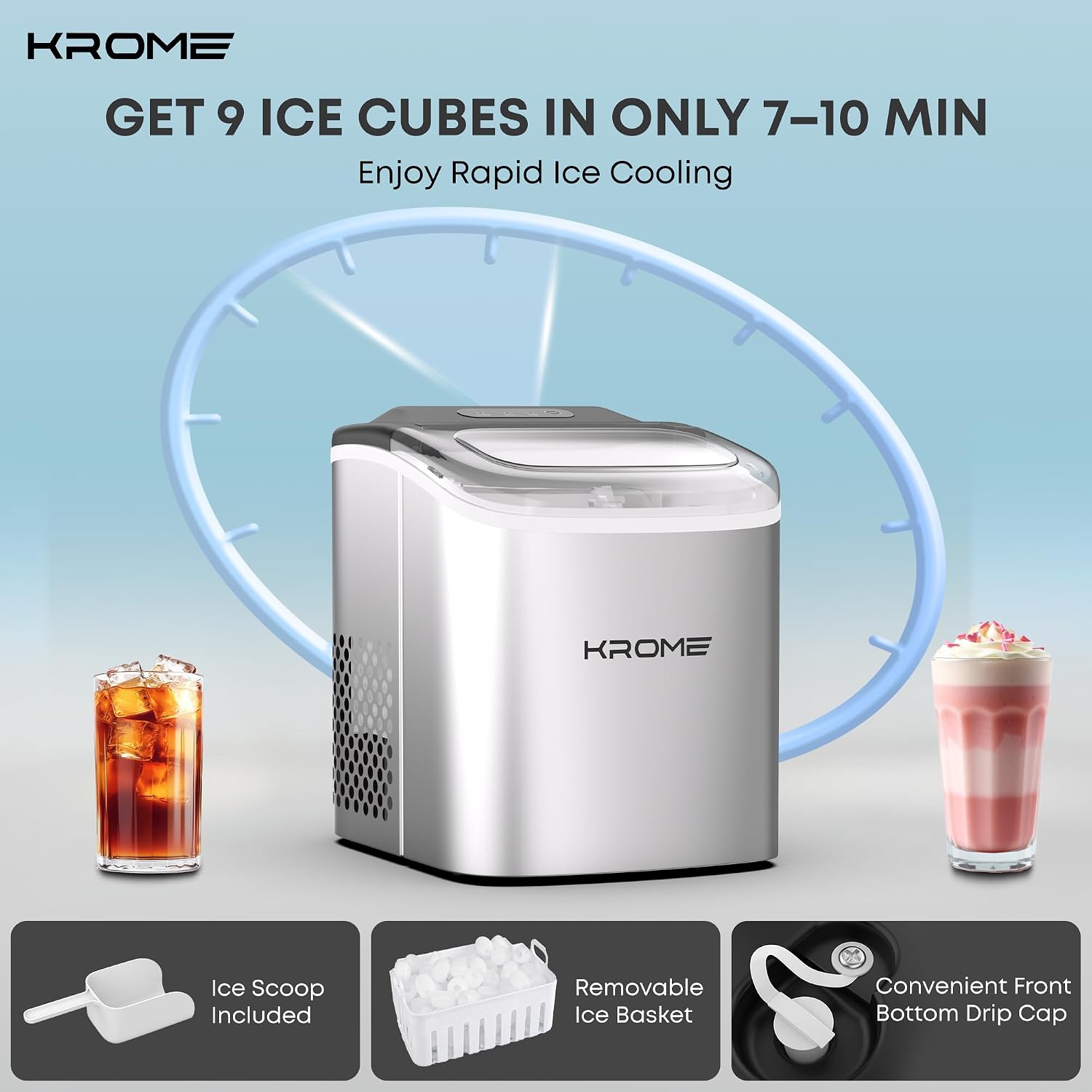 Krome Countertop Ice Maker Machine with LED Display, Auto Clean Function, 9 Bullet Ice Cubes per Cycle, Ice Scoop Included, Portable Stainless Steel Ice Machine for Home, Bar and Party Use KR-IM12SH