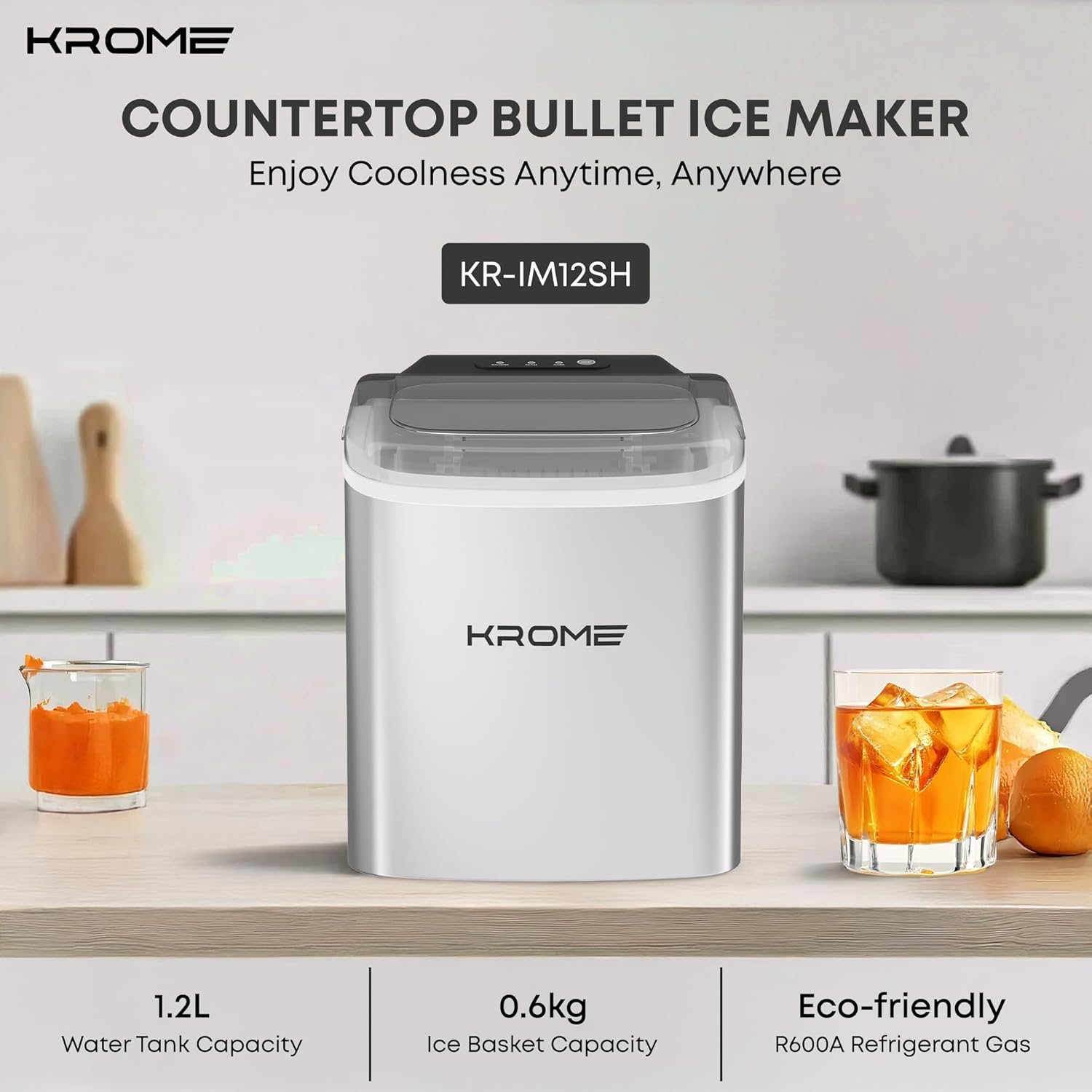 Krome Countertop Ice Maker Machine with LED Display, Auto Clean Function, 9 Bullet Ice Cubes per Cycle, Ice Scoop Included, Portable Stainless Steel Ice Machine for Home, Bar and Party Use KR-IM12SH