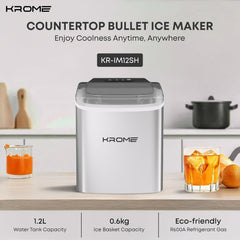 Krome Countertop Ice Maker Machine with LED Display, Auto Clean Function, 9 Bullet Ice Cubes per Cycle, Ice Scoop Included, Portable Stainless Steel Ice Machine for Home, Bar and Party Use KR-IM12SH