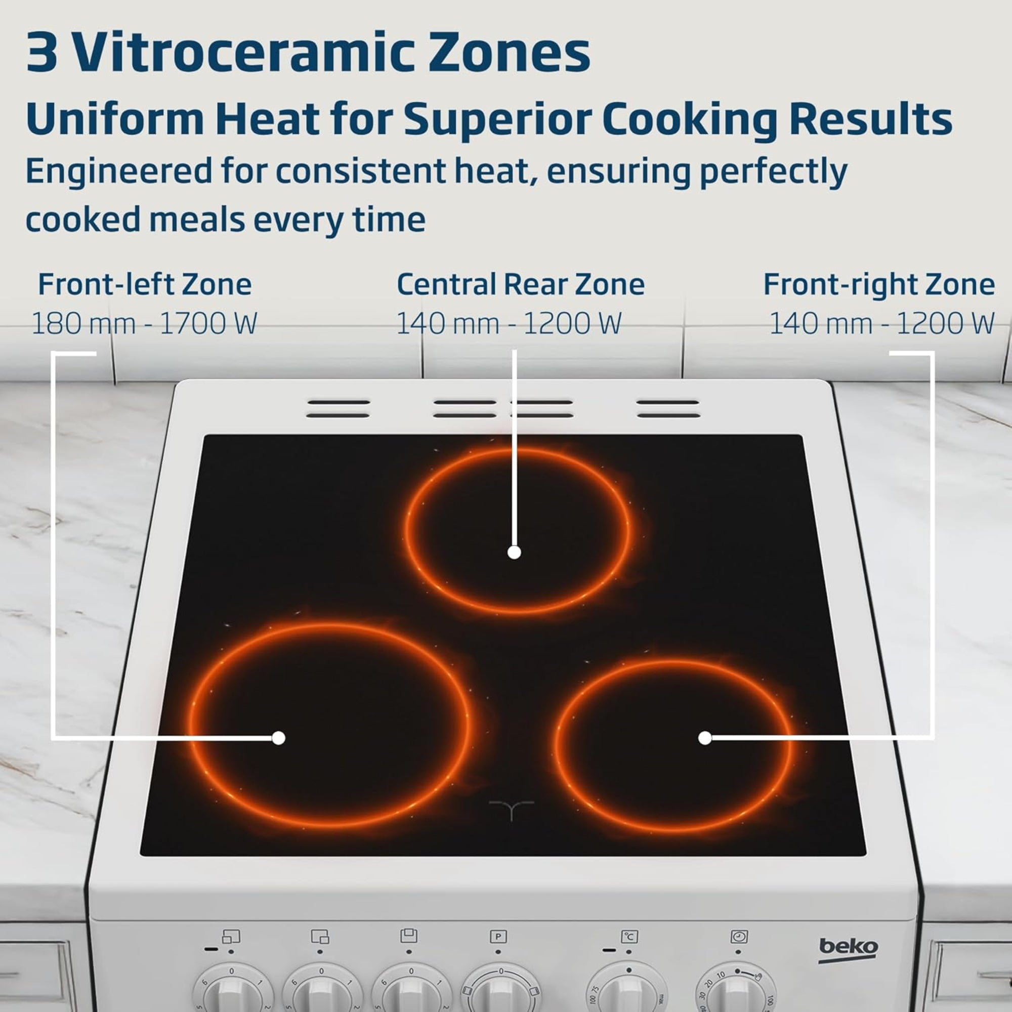 Beko 50×50 cm Ceramic Electric Cooker with 3 Zones – 54L Oven CSS48100GW