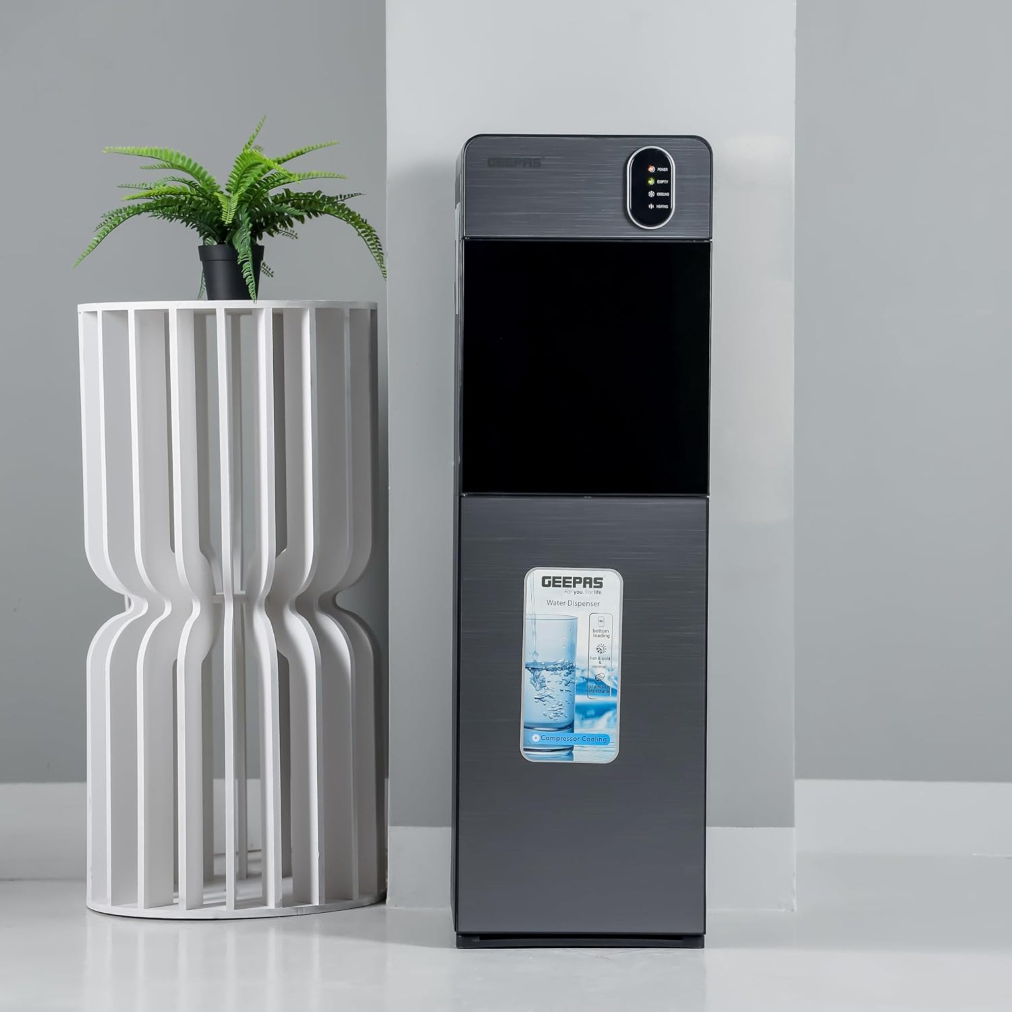 Geepas Water Dispenser – Hot Cold & Normal 3 Taps Fast Cooling Child Lock GWD17037 (Grey)