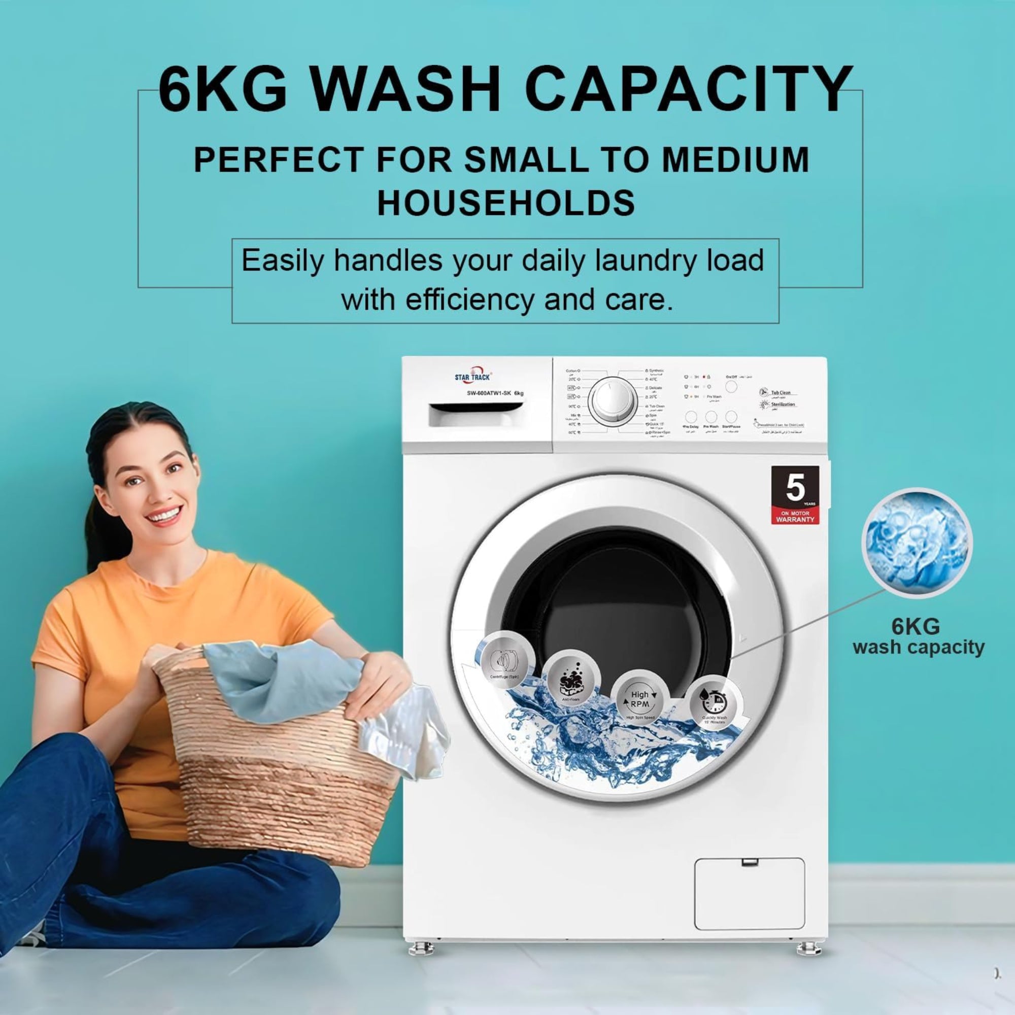 Star Track 6KG Front Load Washing Machine with BLDC Inverter Motor Steam Wash & 1200 RPM – SW-600ATT2-AZ (BLACK)