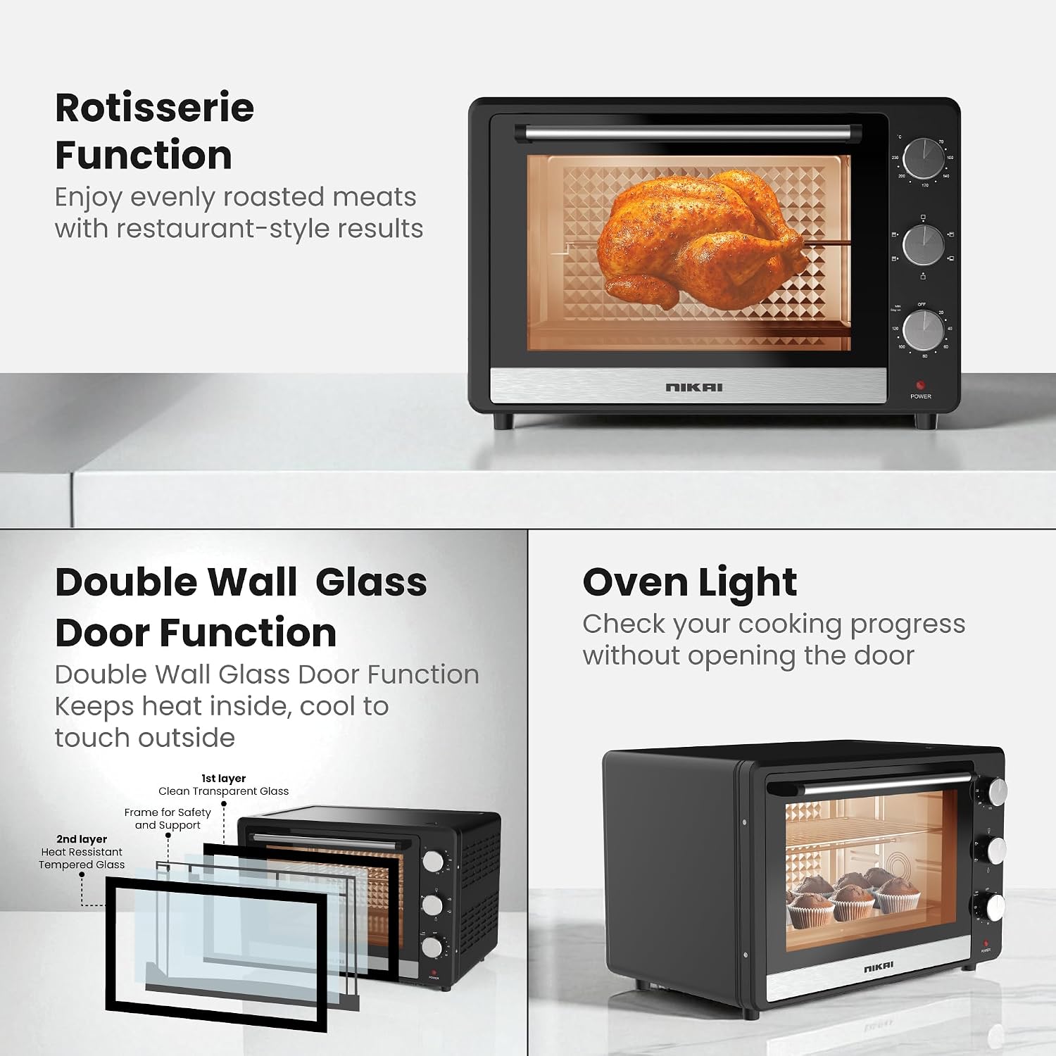 Nikai 46L Electric Oven, 1800W Power, Adjustable Temperature, 7 Heating Stages, 60-Min Timer with Bell Ring, Indicator Light, Keep Warm Function, High-Efficiency Heating, Accessories Included -NT655N2