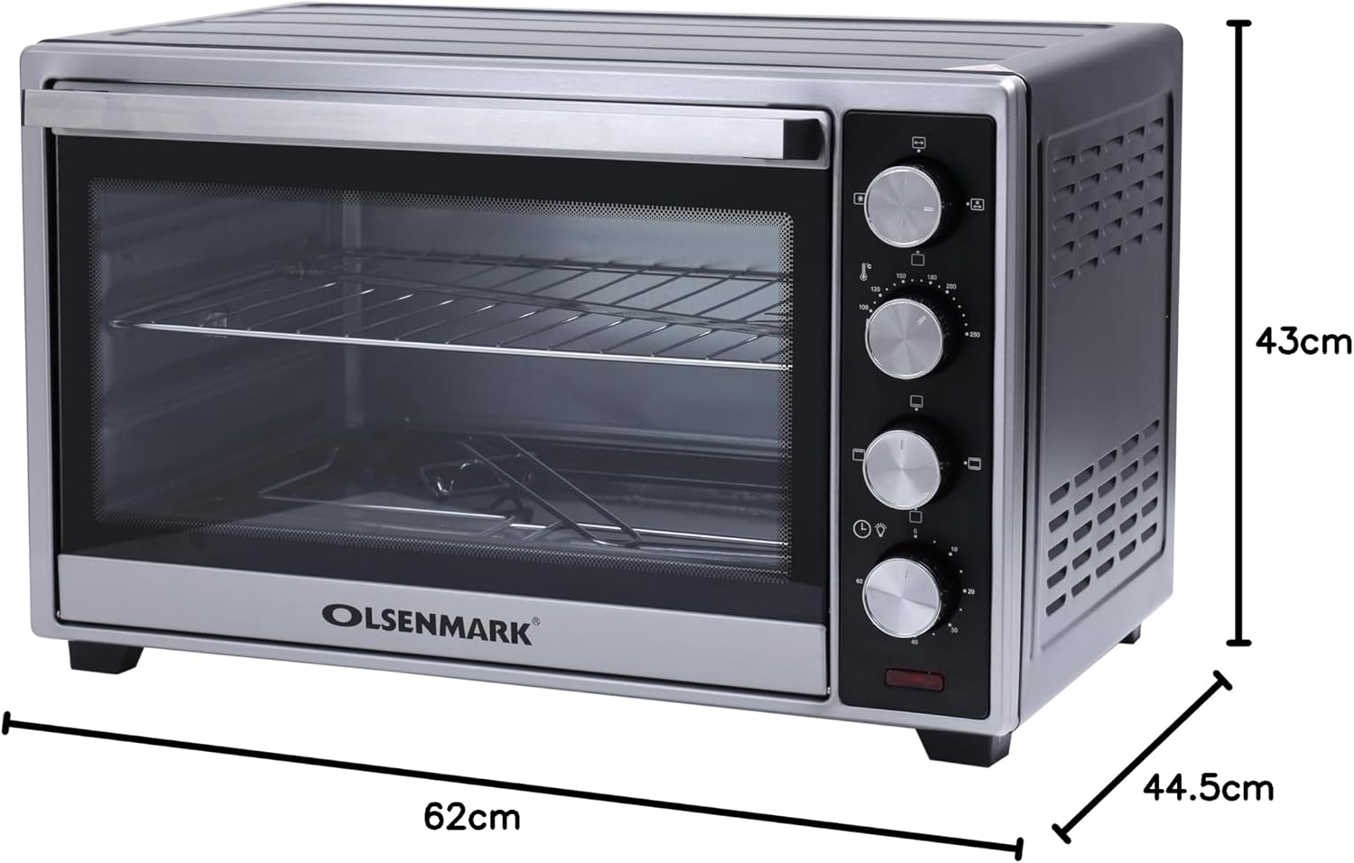 Olsenmark Electric Oven with Rotisserie, 45L - Electric Oven 2000W - 100-250 Adjustable Temperature, 60 min Timer Function - Multiple Cooking Functions & Grill