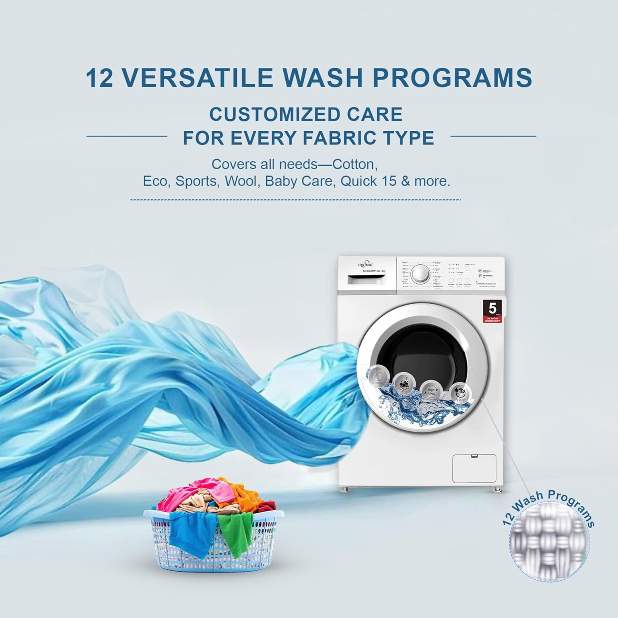 Star Track 6 kg Front Load Washing Machine 12 Wash Programs, 1000 RPM & Fully Automatic  SW-600ATW1-SK