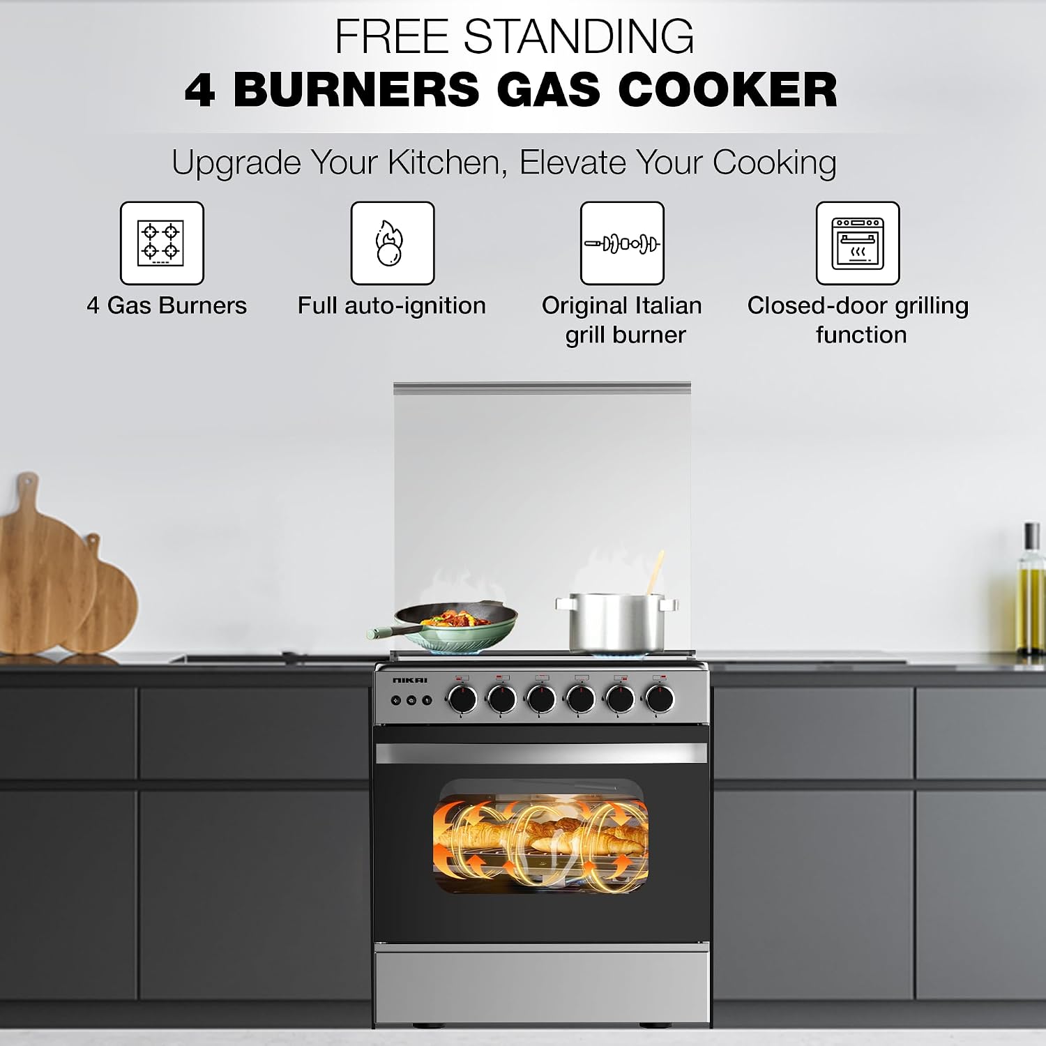 Nikai 60X60cm 4 Burner Full Safety Freestanding Gas Cooker, Auto Ignition, Double Glass Oven Door for Close Door Grilling with Turnspit, Glass Lid & Oven Lamp, St. Steel Finish - U6068FSE1 (Silver)