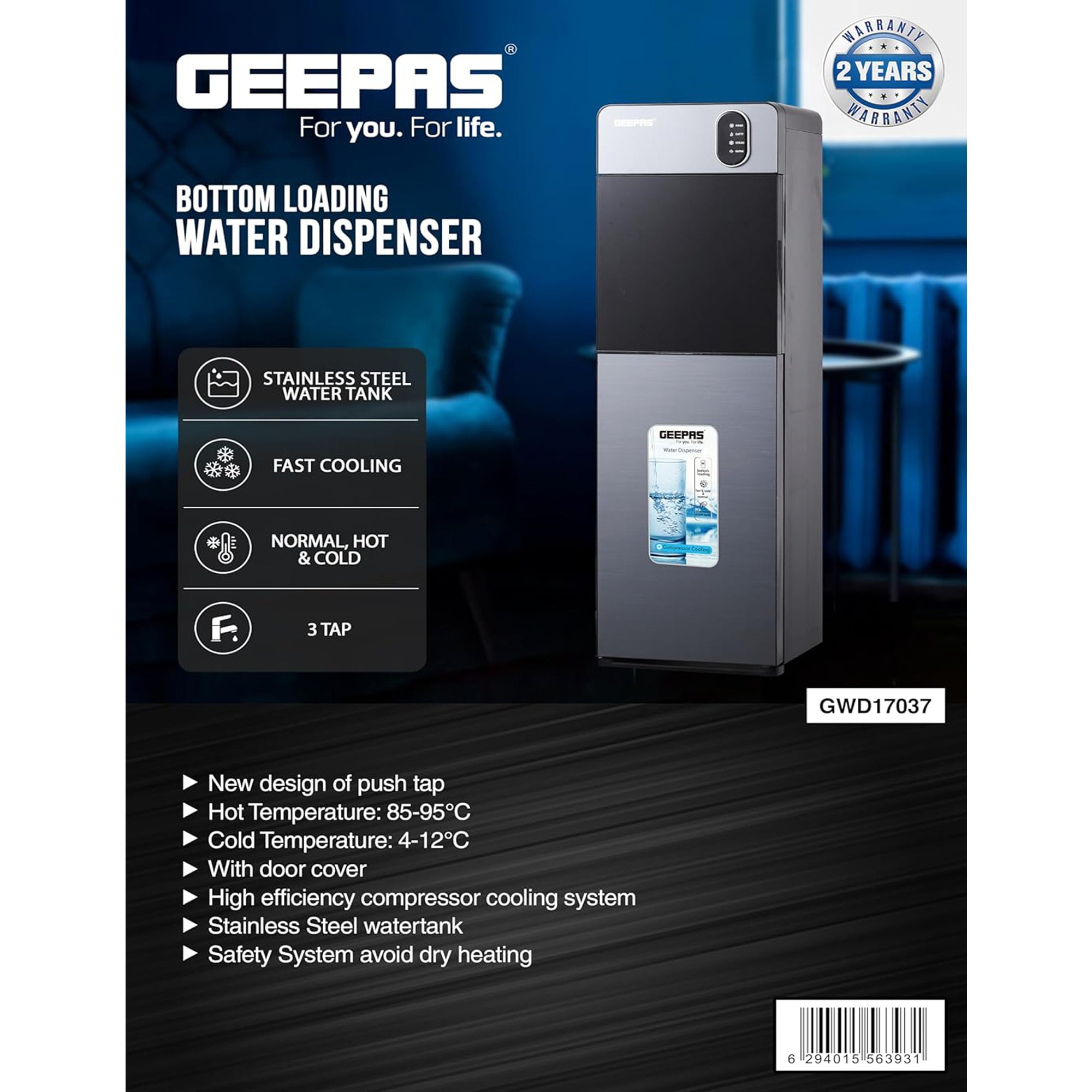 Geepas Water Dispenser – Hot Cold & Normal 3 Taps Fast Cooling Child Lock GWD17037 (Grey)