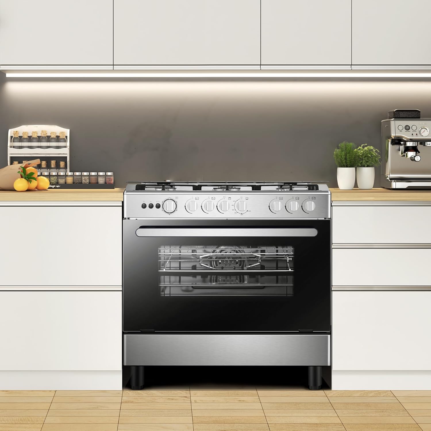 Hisense HFG90335RX 90 cm Freestanding Gas Cooker, 5 Gas Burners with Flame Failure Device, Cast Iron Pan Support, Auto Ignition, Stainless Steel
