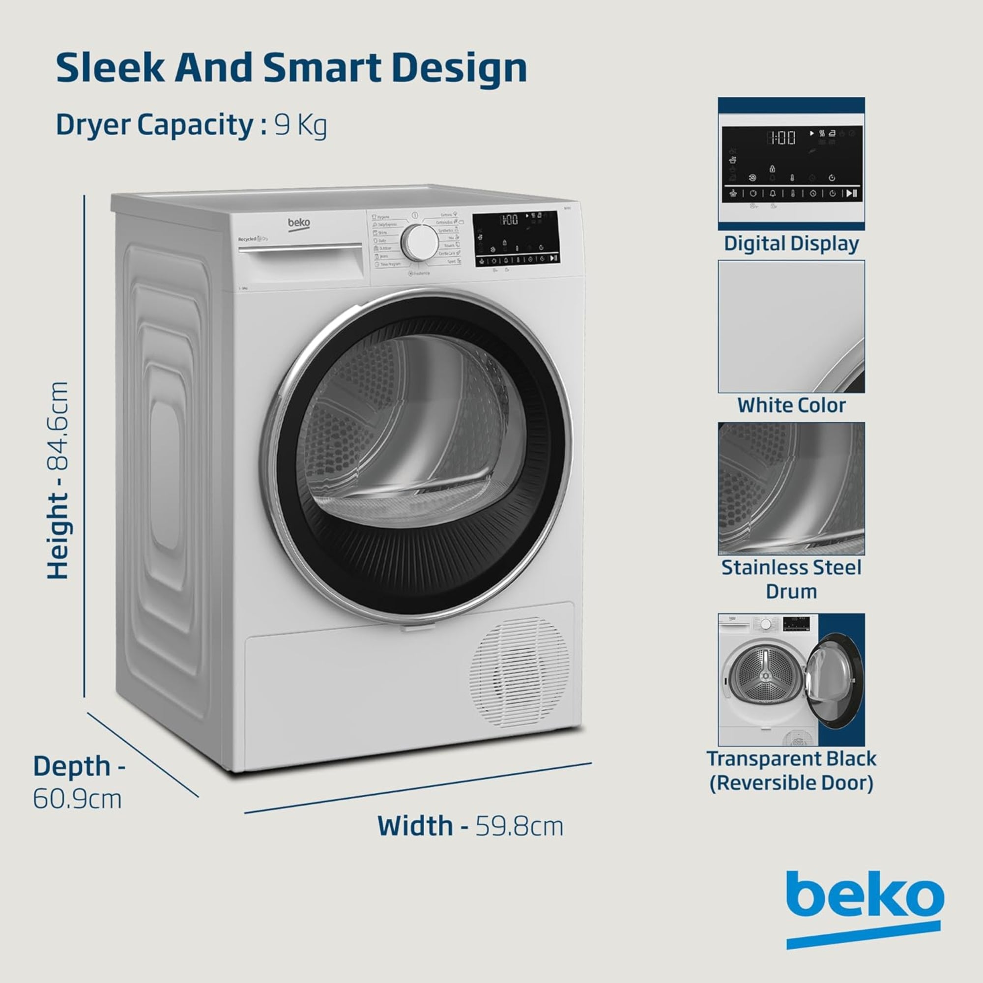 Beko Condenser Tumble Dryer 9 kg – AquaWave Sensor Drying & 15 Programmes DC9W