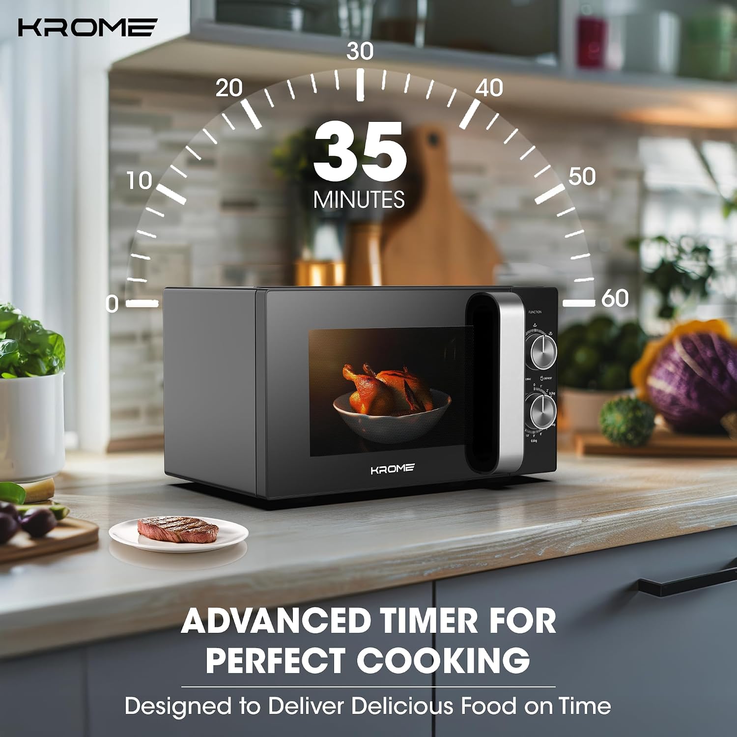 KROME Microwave Oven, 20L Capacity, 700W Output, 5 Power Levels, 35 Minute Timer, Cooking End Signal, Grey Painted Cavity, Black Color| KR-MW20MM