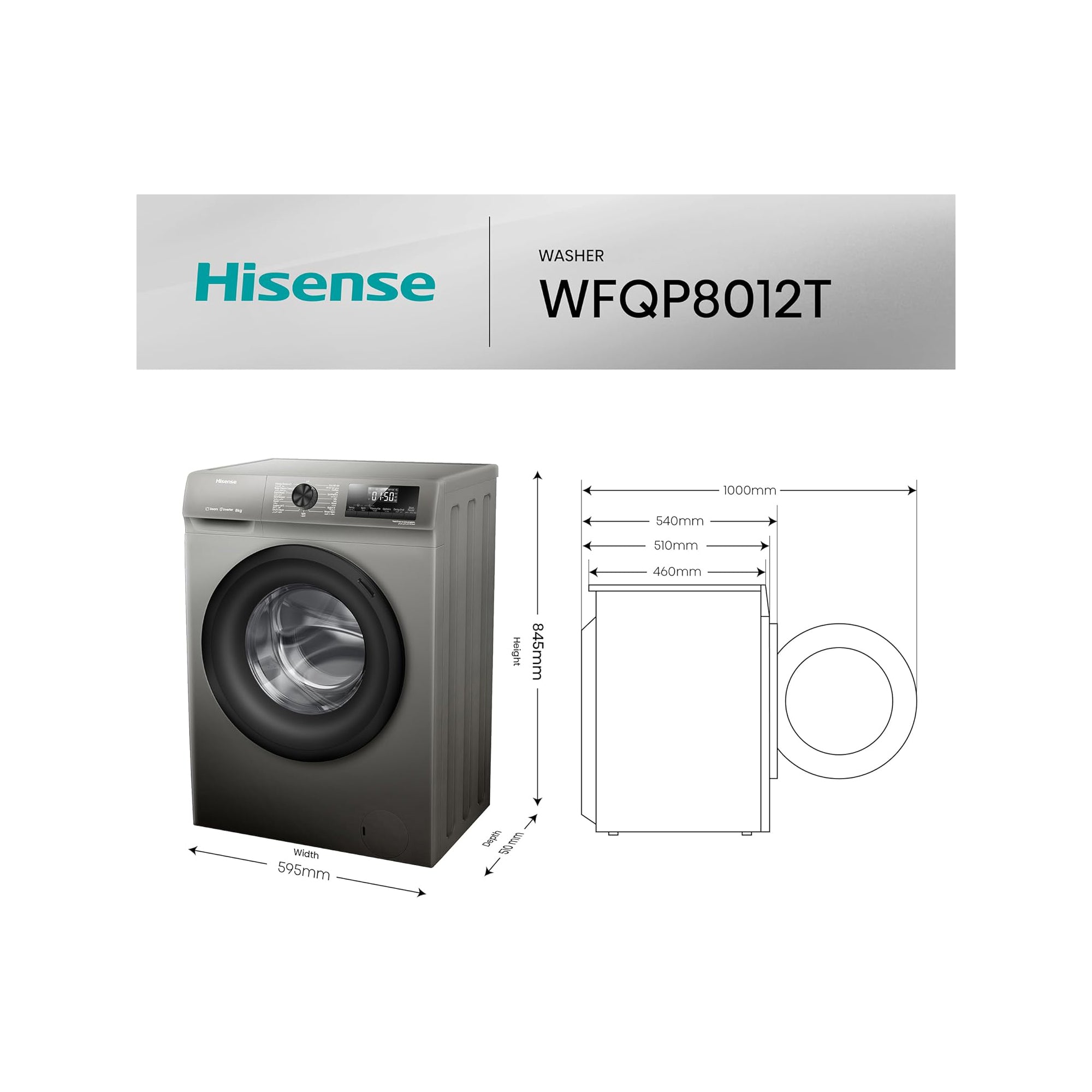 Hisense Front Load Washing Machine 8 kg – Inverter Motor 1200 RPM & 15 Wash Programs WFQP8012T