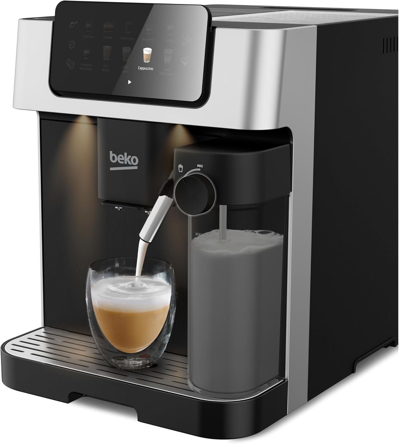 Beko Fully Automatic Coffee Machine with 19 Bar, 2L Water Capacity, 1350W, 12 Hot & Iced Beverages, Touch Display, 600ml Milk Container, Twin Shot, 13 Grinder Settings, Stainless Steel- CEG7304X