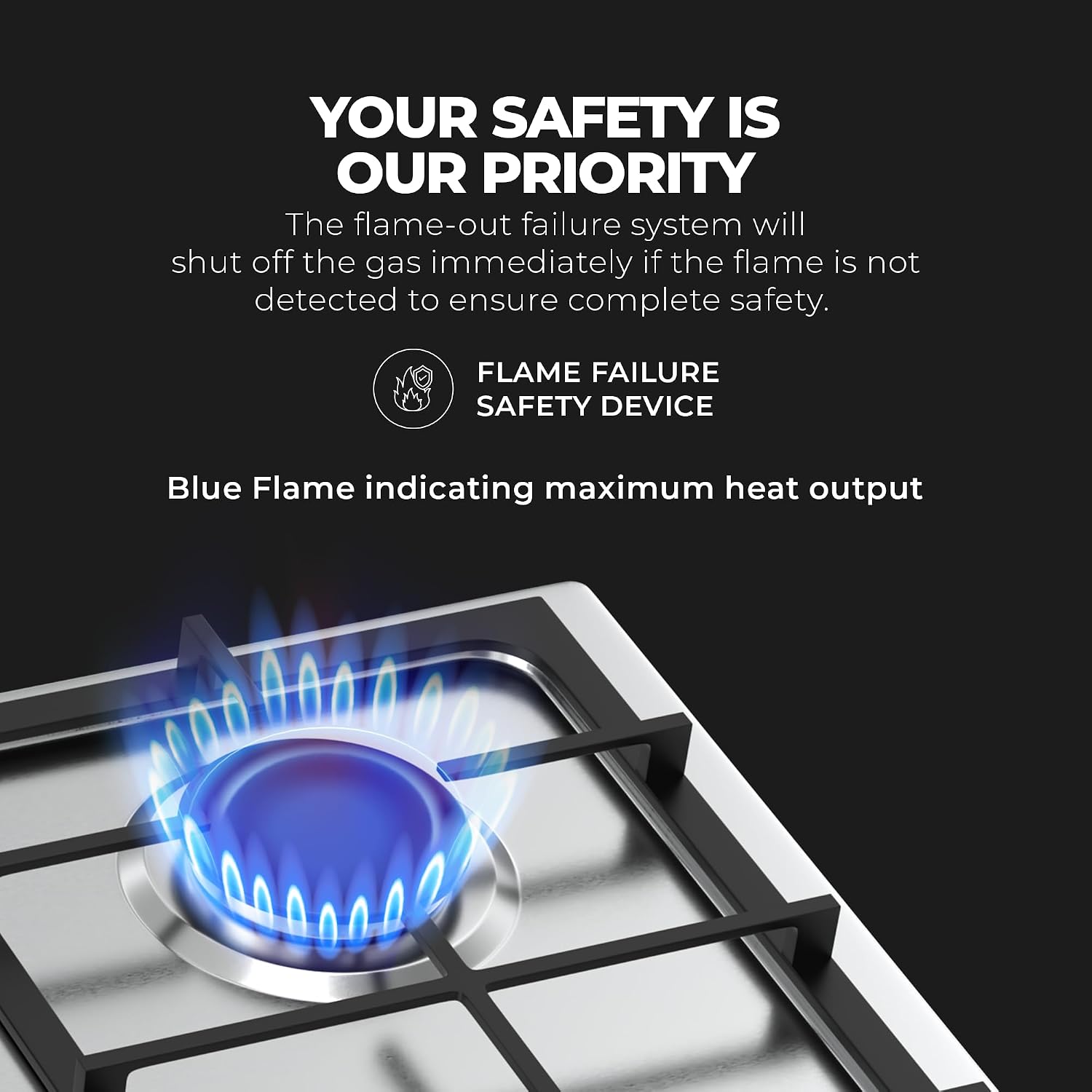 Nikai 4 Burner Gas Hob with Auto Ignition, Cast Iron Support, Full Safety Features, Straight Flame, Stainless Steel Body, Rapid Burner, Semi-Rapid Burner, Auxiliary Burner - NGH3005N