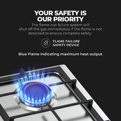 Nikai 4 Burner Gas Hob with Auto Ignition, Cast Iron Support, Full Safety Features, Straight Flame, Stainless Steel Body, Rapid Burner, Semi-Rapid Burner, Auxiliary Burner - NGH3005N