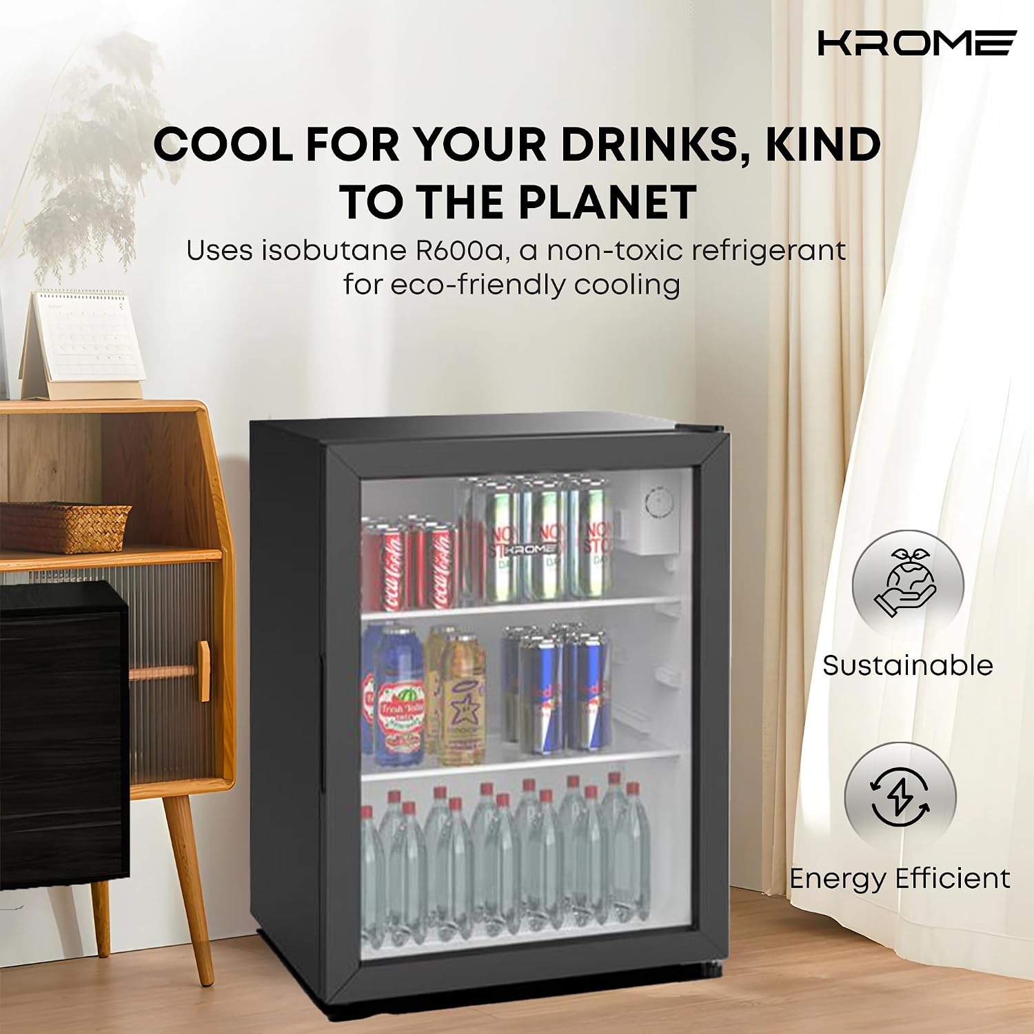Krome Beverage Cooler, 90 L, Compact Design, Free Standing, Single Door, 2 Glass Shelves, Adjustable Feet, Mechanical Temperature Control, Environment-Friendly R600a, Black