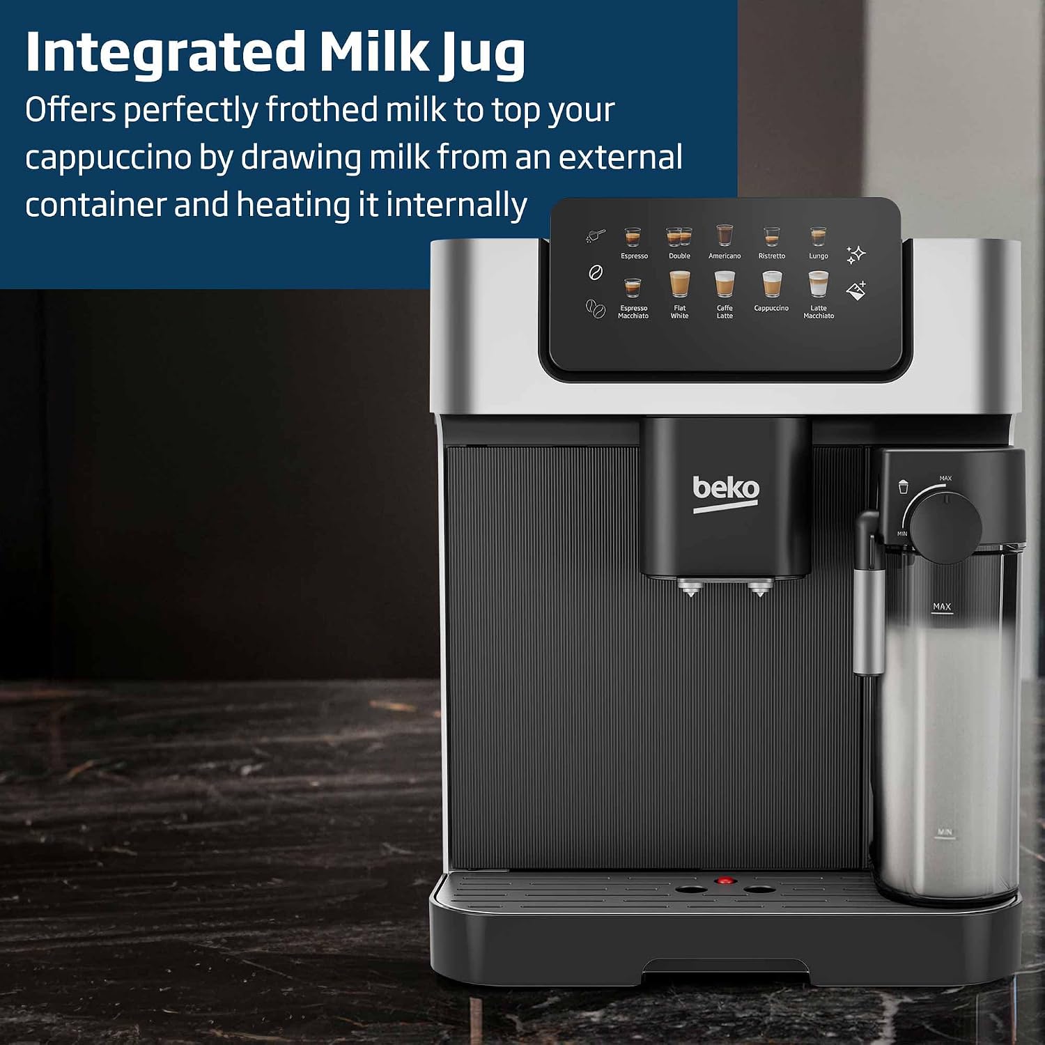 Beko Fully Automatic Coffee Machine with 19 Bar, 2L Water Capacity, 1350W, 12 Hot & Iced Beverages, Touch Display, 600ml Milk Container, Twin Shot, 13 Grinder Settings, Stainless Steel- CEG7304X