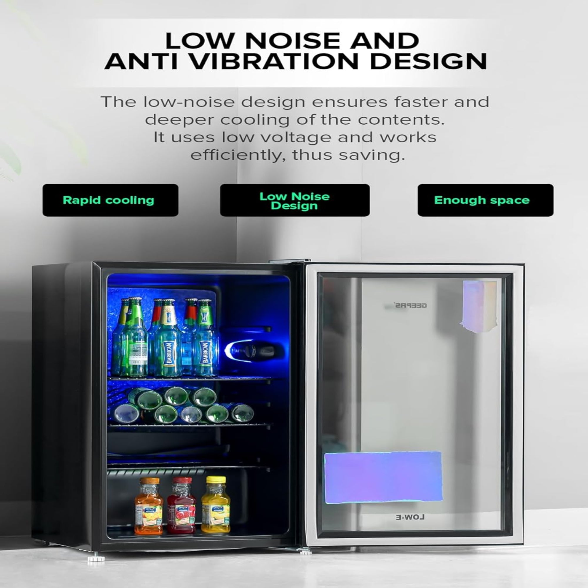 Geepas Showcase Chiller 120L – Quick Cooling Low-E Glass Door & Low Noise GSC1223B