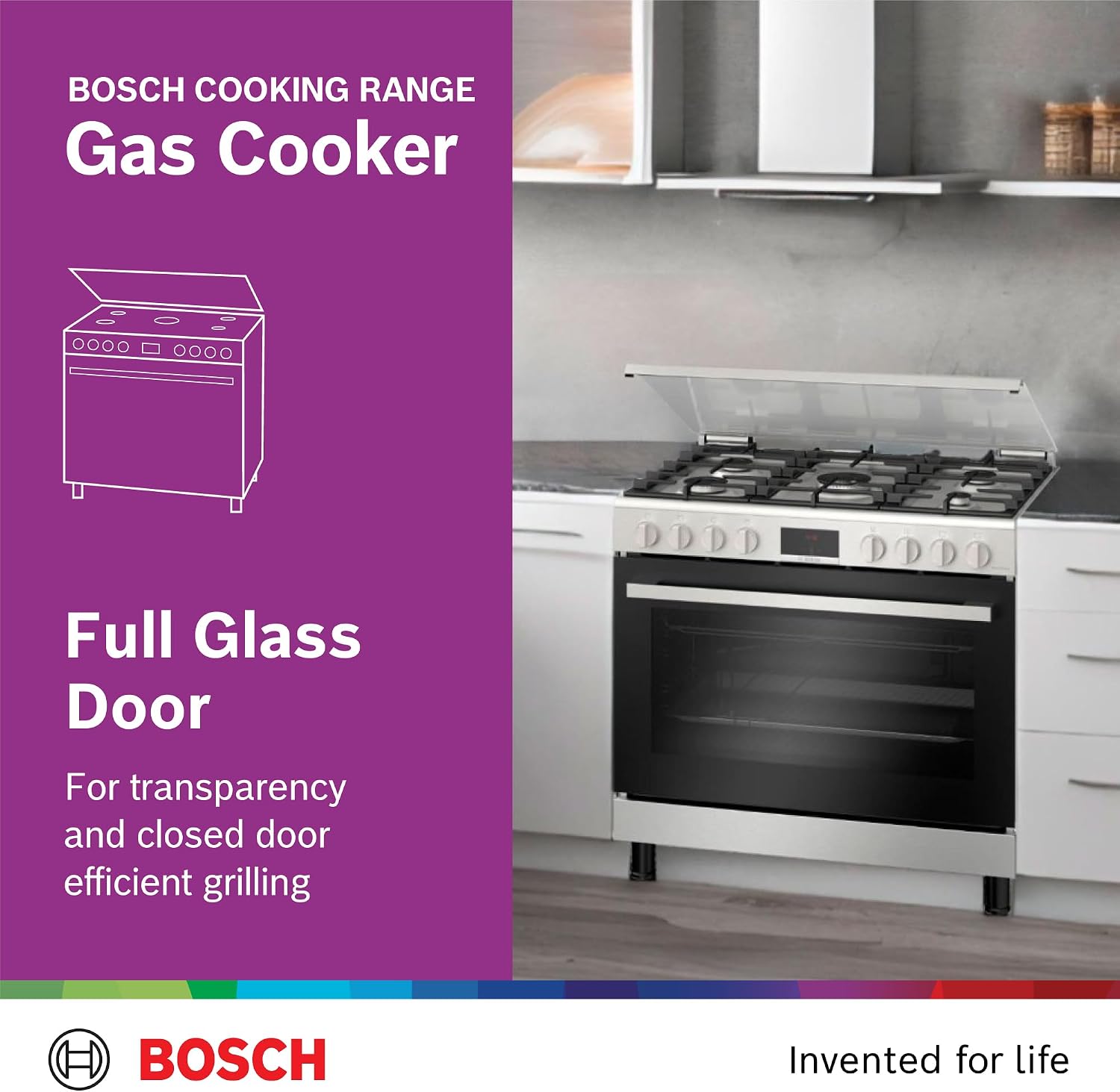 Bosch Free Standing Gas Cooker 90cm, 147L, German Engineering Cooking Range HGW3ASQ50M