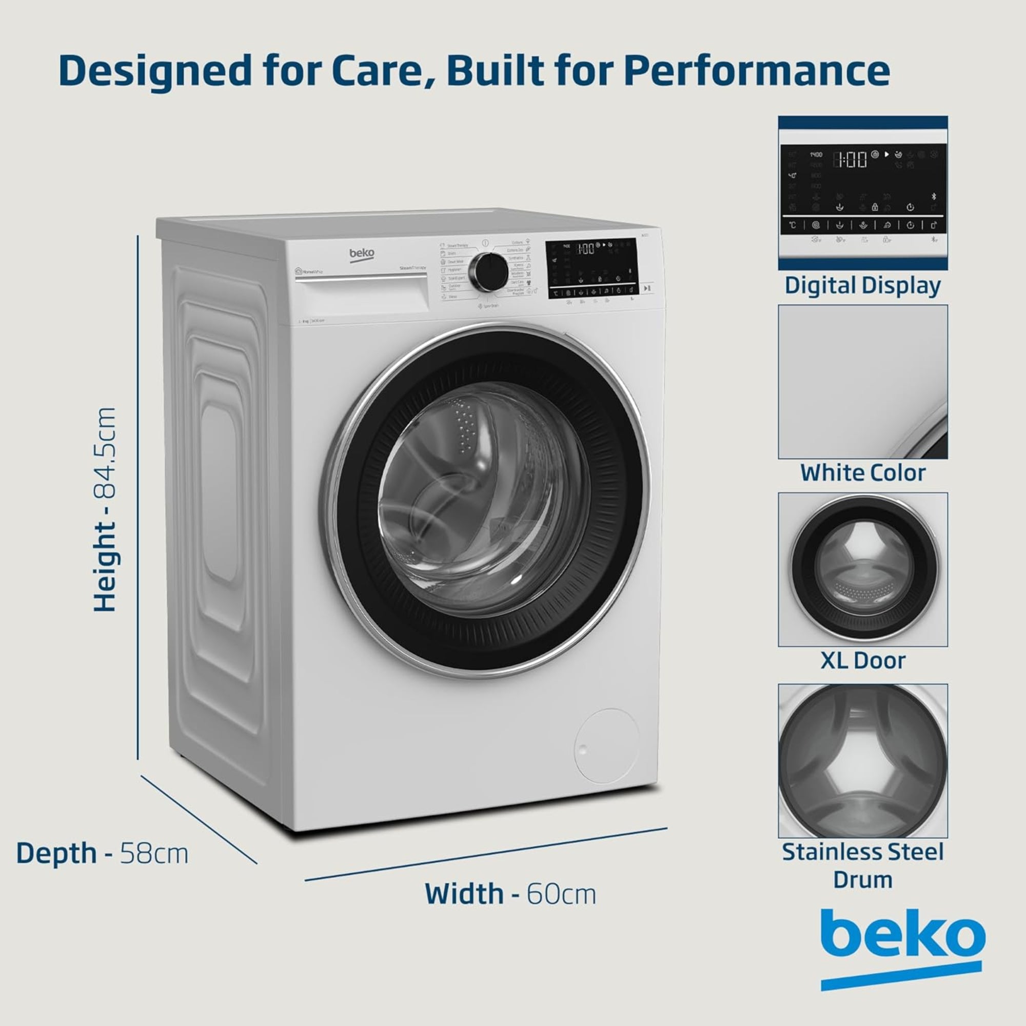 Beko 9 kg Front Load Washing Machine – 1400 RPM ProSmart Inverter SteamTherapy 15 Programs WTV9314XW