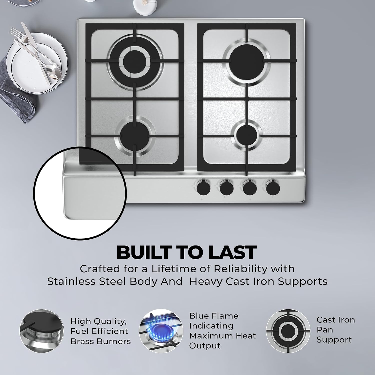 Nikai 4 Burner Gas Hob with Auto Ignition, Cast Iron Support, Full Safety Features, Straight Flame, Stainless Steel Body, Rapid Burner, Semi-Rapid Burner, Auxiliary Burner - NGH3005N