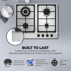 Nikai 4 Burner Gas Hob with Auto Ignition, Cast Iron Support, Full Safety Features, Straight Flame, Stainless Steel Body, Rapid Burner, Semi-Rapid Burner, Auxiliary Burner - NGH3005N