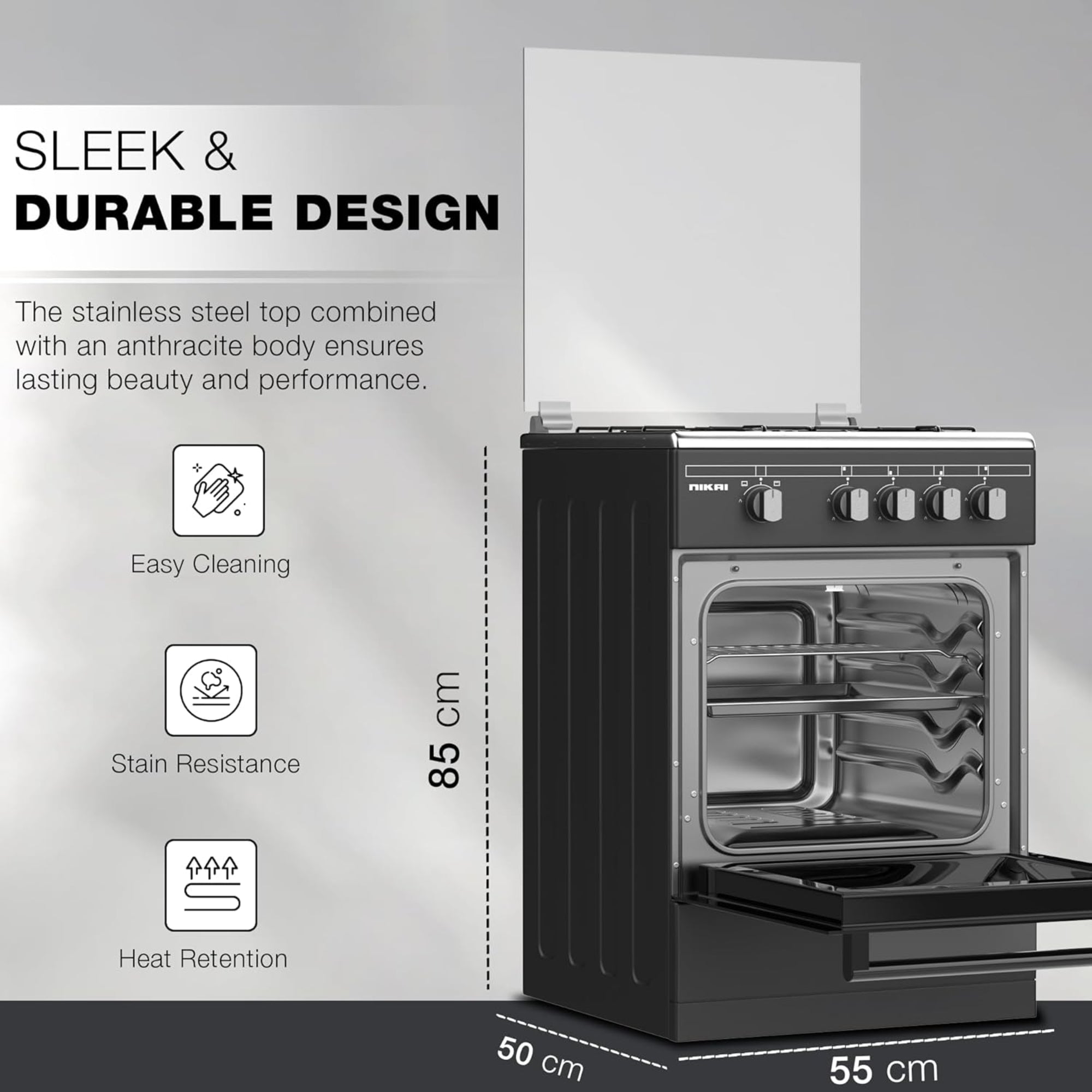 Nikai 50x55 Gas Cooker – 4 Burners Oven & Grill Full Safety Rapid Preheat Free Standing U3110NBFS (Black)