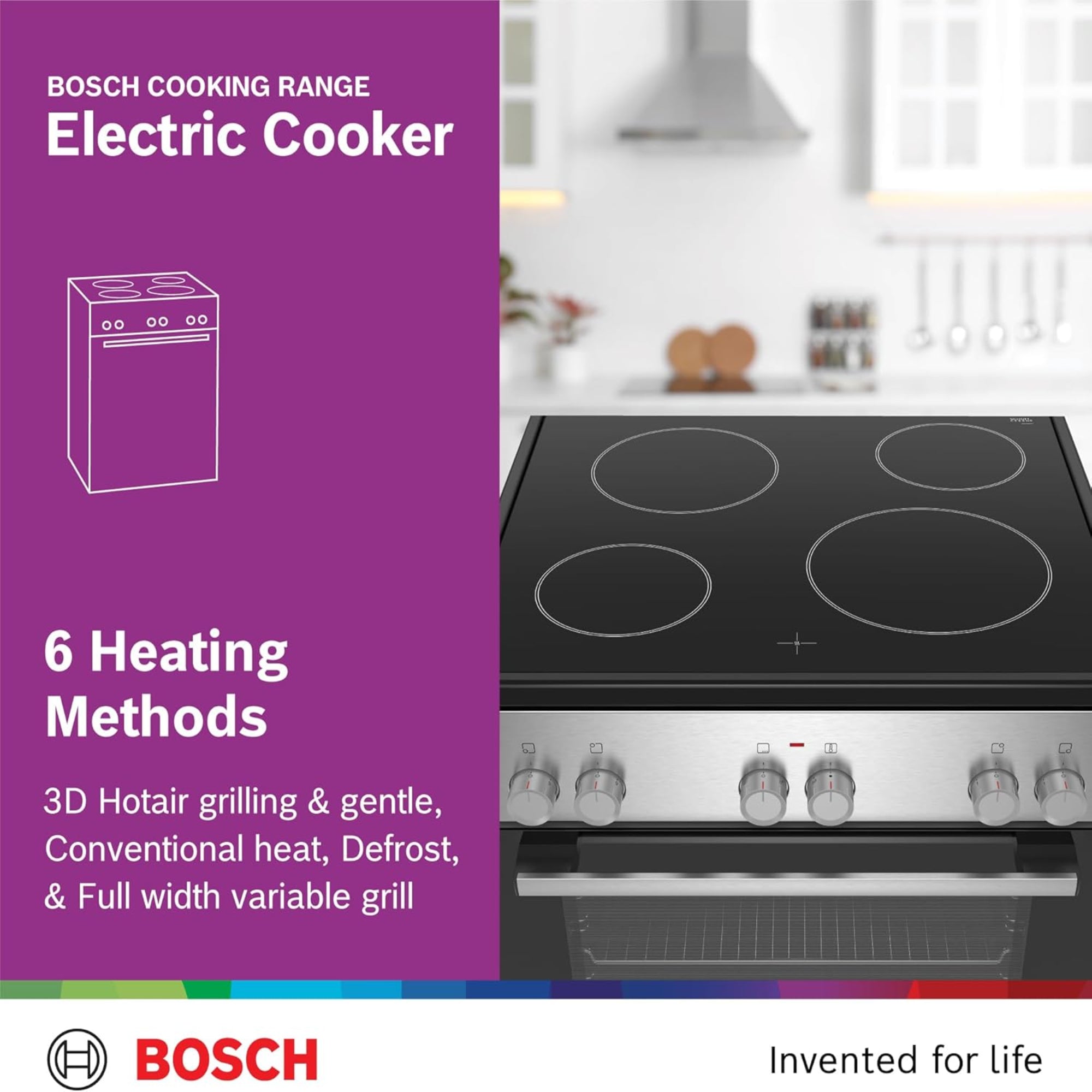 Bosch 60×60cm Freestanding Electric Cooker with 4 Ceramic Zones – 66L Oven 3D HotAir Stainless Steel HKL060070M