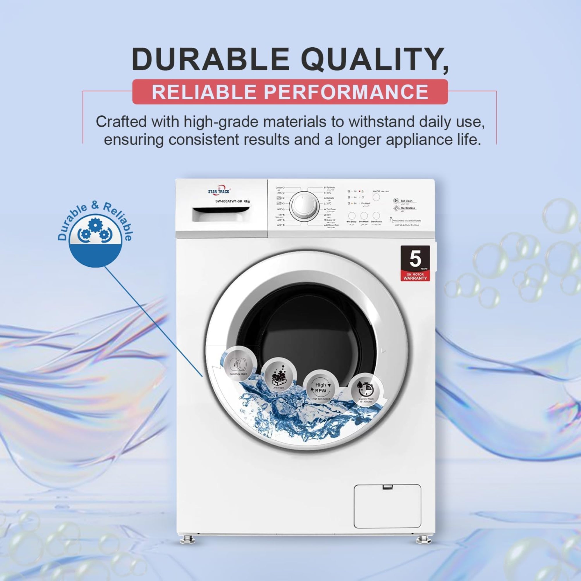 Star Track 6KG Front Load Washing Machine with BLDC Inverter Motor Steam Wash & 1200 RPM – SW-600ATT2-AZ (BLACK)