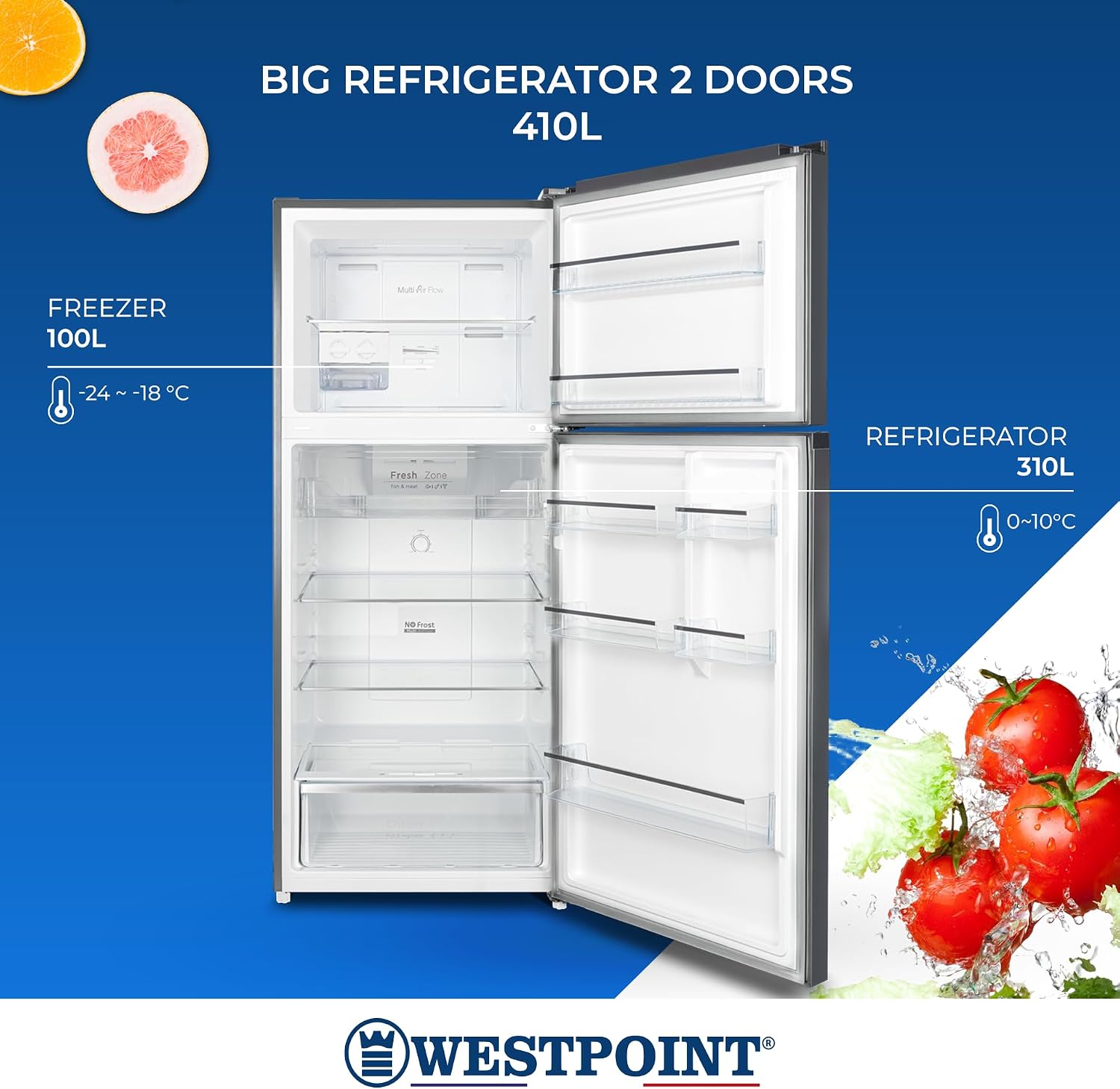 Westpoint 500 Liters Double Door Refrigerator,No-Frost, INVERTER COMPRESSOR, Vegetable Drawers, Fresh Zone Compartment, Twister for Ice Cubes, LOCK & KEY Silver WNN-5019EIV