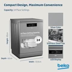 Beko Freestanding Dishwasher 14 Place Settings, 6 Programs, 2 Racks,A++ Energy Rating, Quiet Operation (46 dBA),Sliding Cutlery Basket, ‎BDFN36422SQ (Silver)