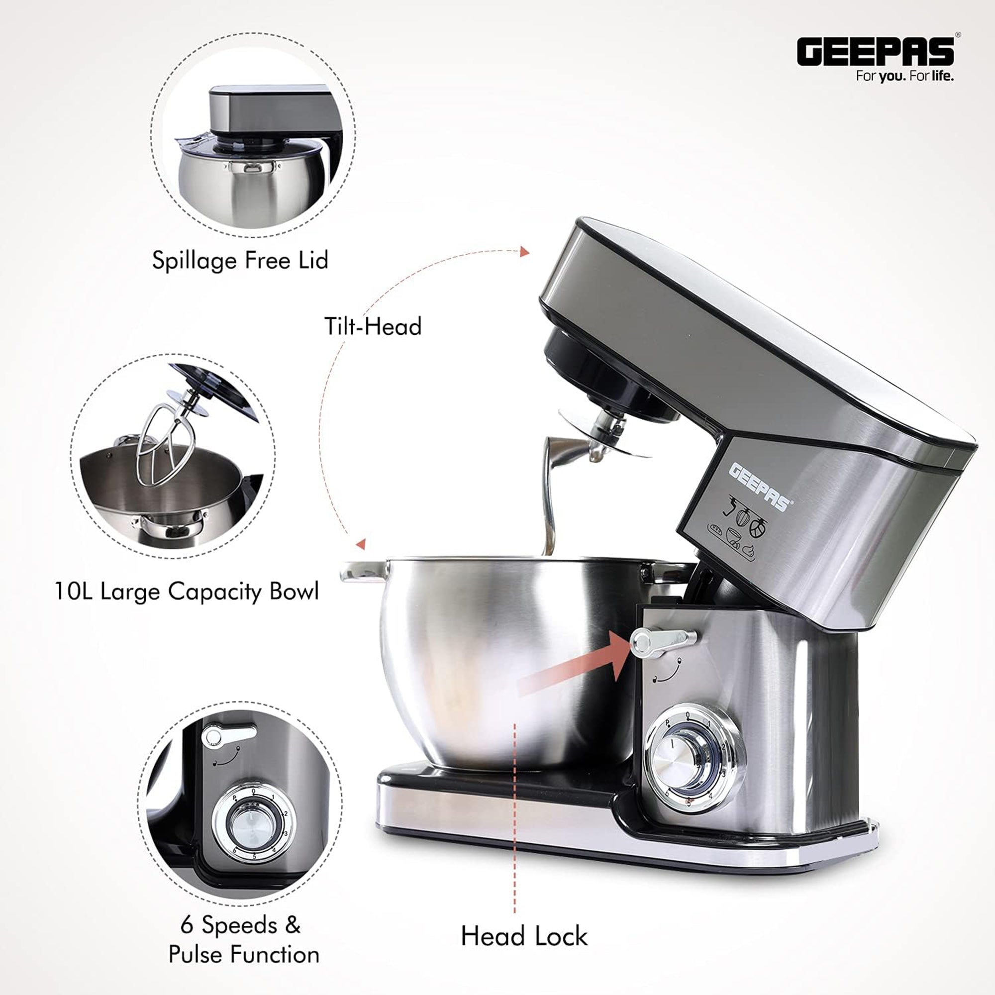 Geepas Stand Mixer 2000W 10L Stainless Steel Bowl 6 Speed Pulse Tilt Head GSM43041
