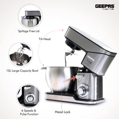 Geepas Stand Mixer 2000W 10L Stainless Steel Bowl 6 Speed Pulse Tilt Head GSM43041