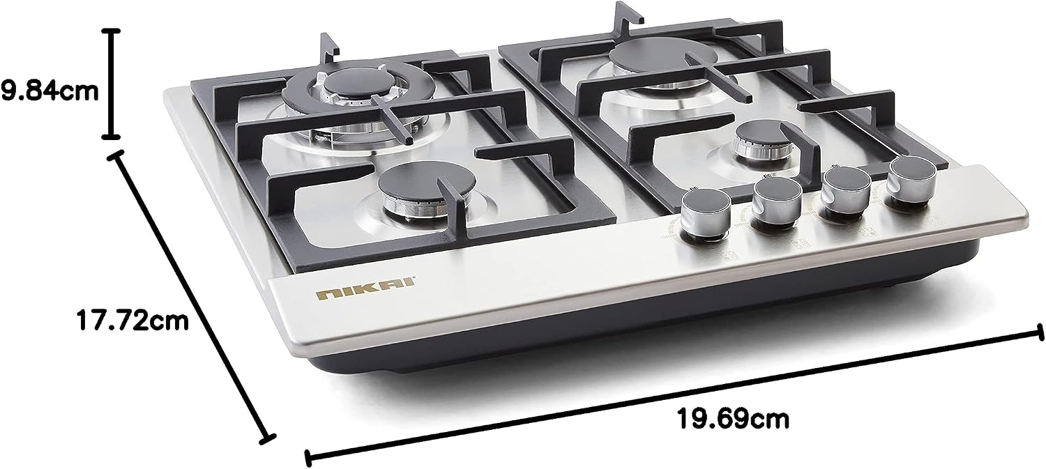 Nikai 4 Burner Gas Hob with Auto Ignition, Cast Iron Support, Full Safety Features, Straight Flame, Stainless Steel Body, Rapid Burner, Semi-Rapid Burner, Auxiliary Burner - NGH3005N