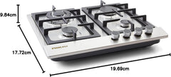 Nikai 4 Burner Gas Hob with Auto Ignition, Cast Iron Support, Full Safety Features, Straight Flame, Stainless Steel Body, Rapid Burner, Semi-Rapid Burner, Auxiliary Burner - NGH3005N