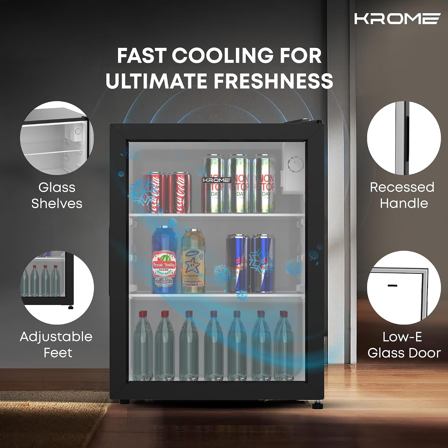 Krome Beverage Cooler, 90 L, Compact Design, Free Standing, Single Door, 2 Glass Shelves, Adjustable Feet, Mechanical Temperature Control, Environment-Friendly R600a, Black