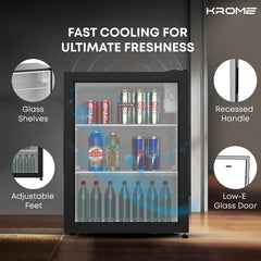 Krome Beverage Cooler, 90 L, Compact Design, Free Standing, Single Door, 2 Glass Shelves, Adjustable Feet, Mechanical Temperature Control, Environment-Friendly R600a, Black