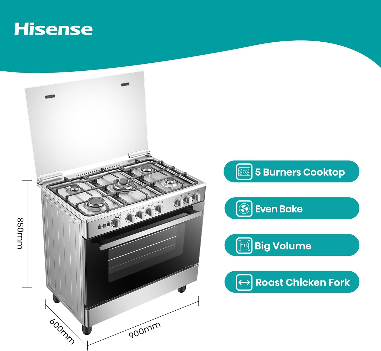 Hisense HFG90335RX 90 cm Freestanding Gas Cooker, 5 Gas Burners with Flame Failure Device, Cast Iron Pan Support, Auto Ignition, Stainless Steel