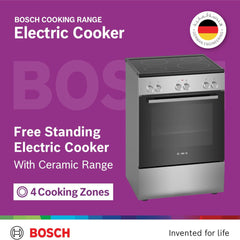 Bosch 60×60cm Freestanding Electric Cooker with 4 Ceramic Zones – 66L Oven 3D HotAir Stainless Steel HKL060070M